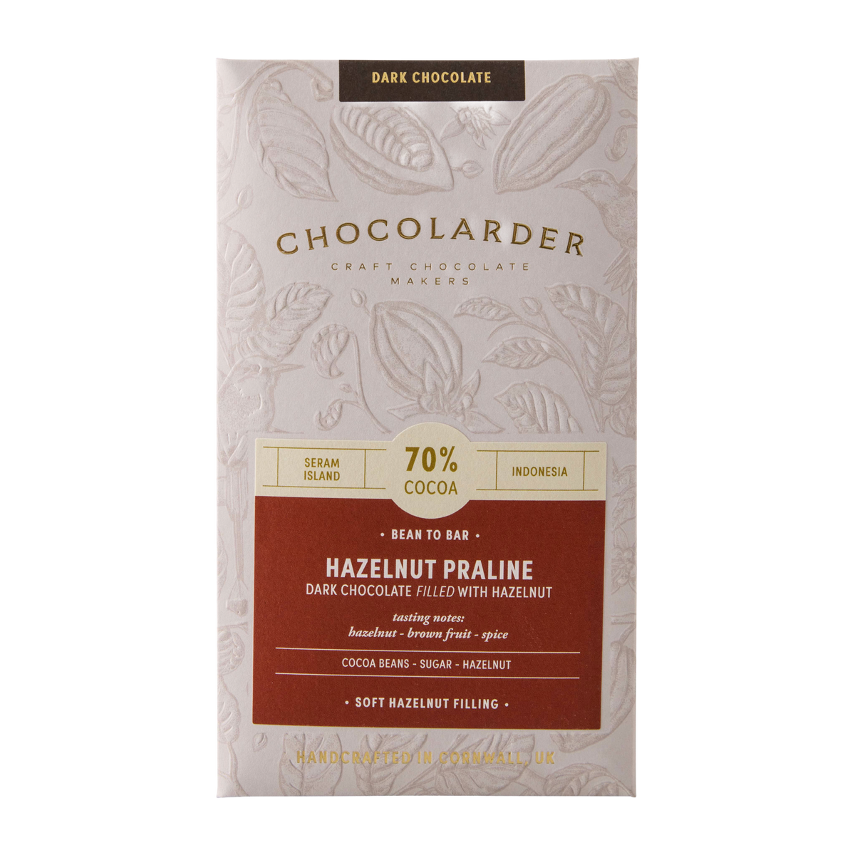 Chocolarder Hazelnut Praline Filled 70% Dark Chocolate