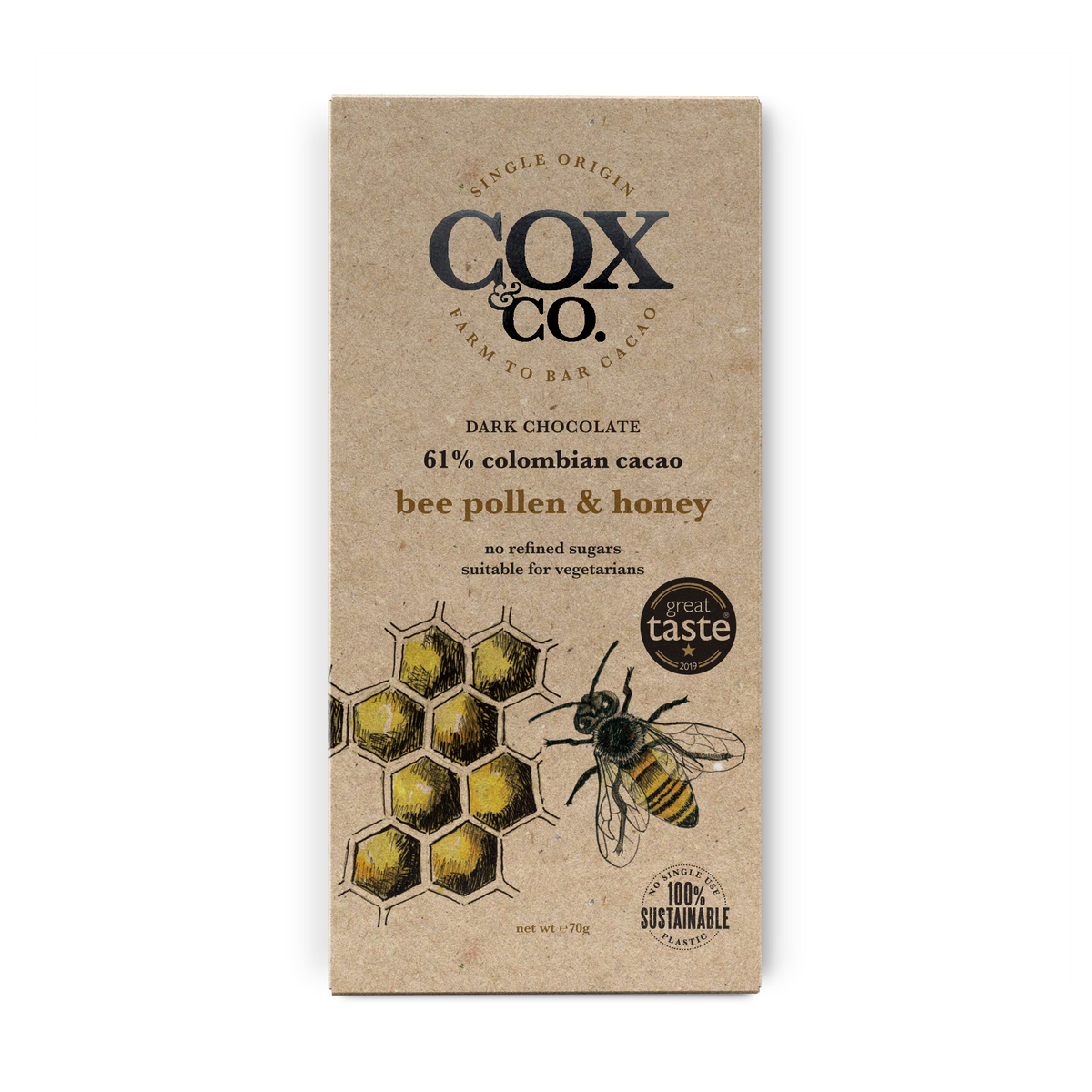 Cox & Co. Bee Pollen & Honey 60% dark chocolate bar, single origin Colombian cacao, Great Taste 2019