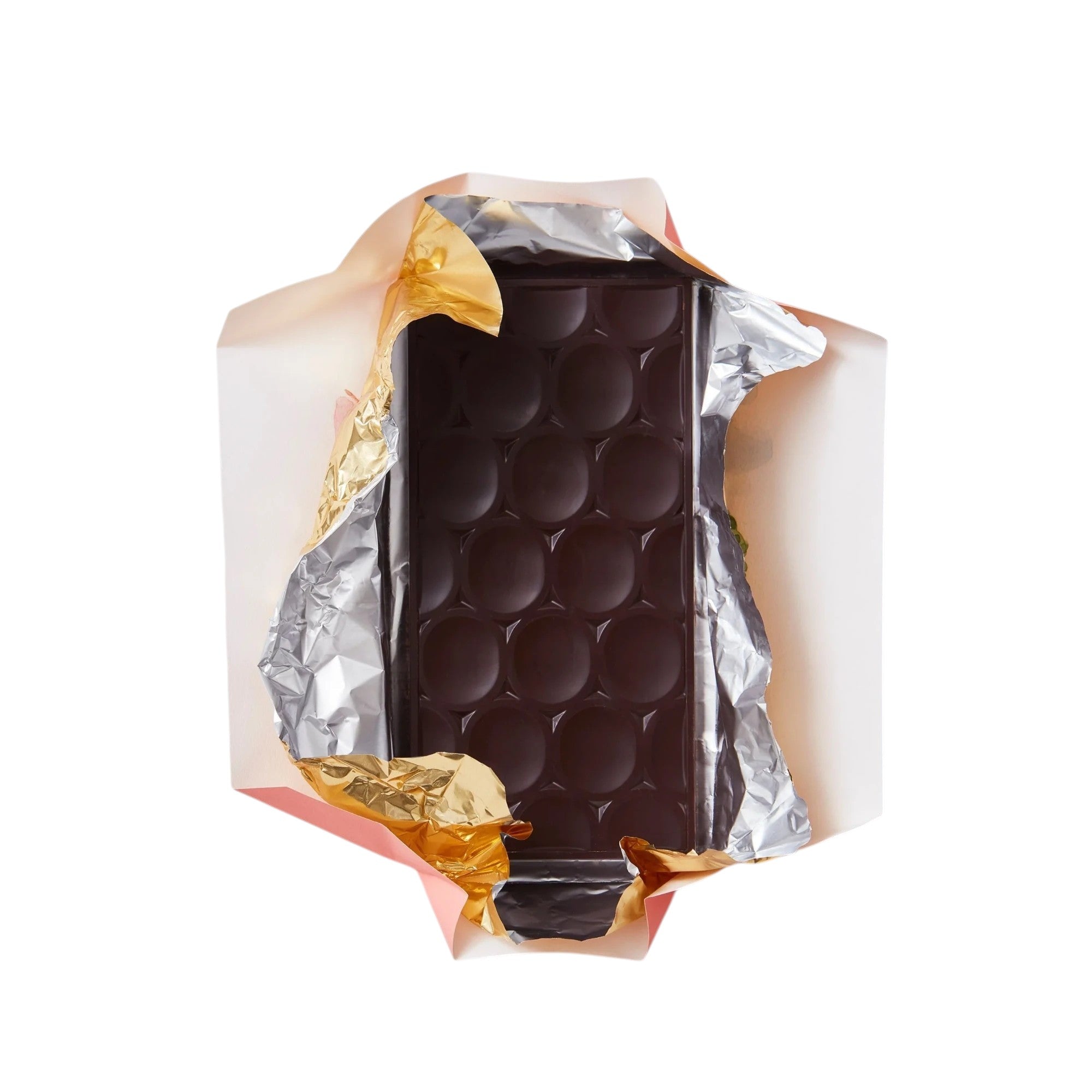 Dark chocolate bar with sourdough and sea salt, 66% cocoa, featuring a segmented design.