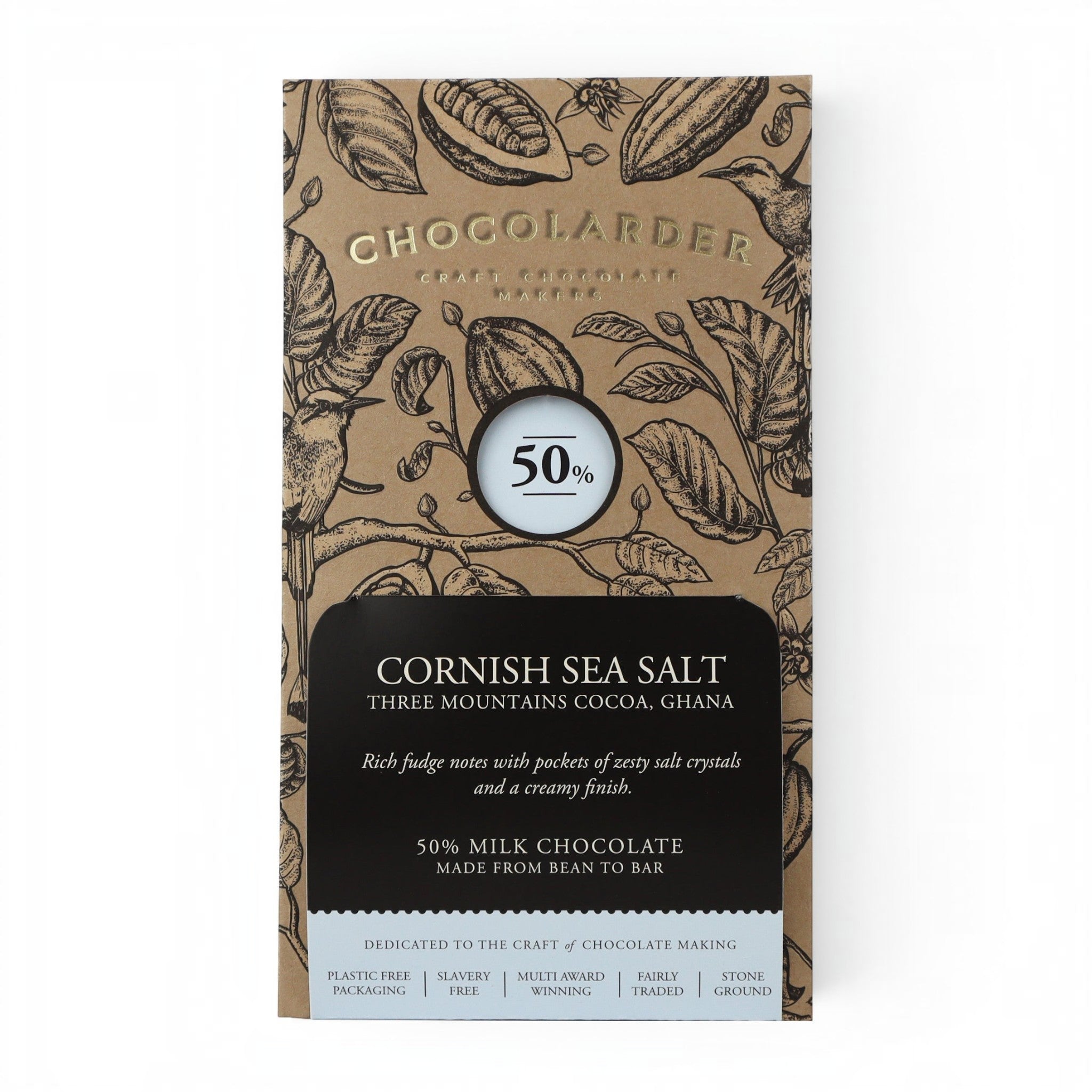 Chocolarder Cornish Sea Salt 50% milk chocolate bar, Three Mountains cocoa Ghana, made in Falmouth, Cornwall