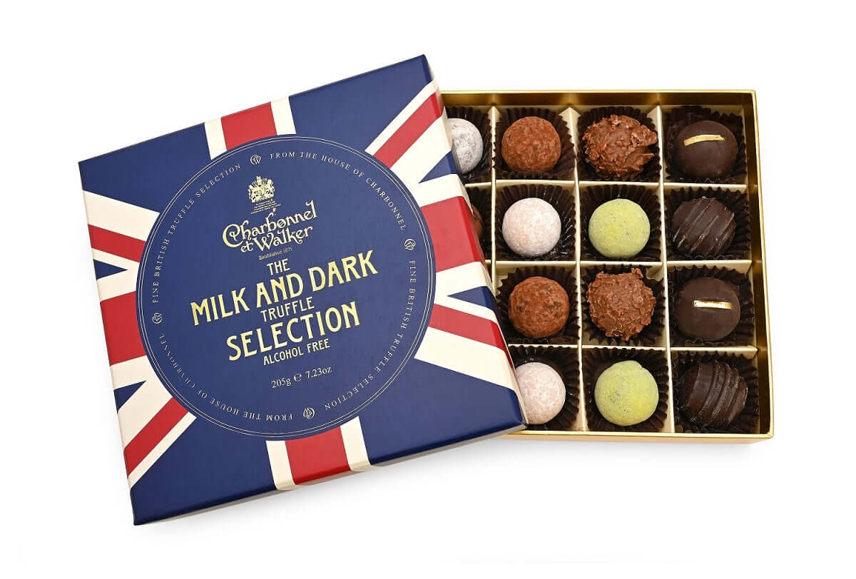 Charbonnel et Walker Union Jack milk and dark chocolate truffle selection, 205g, made in London