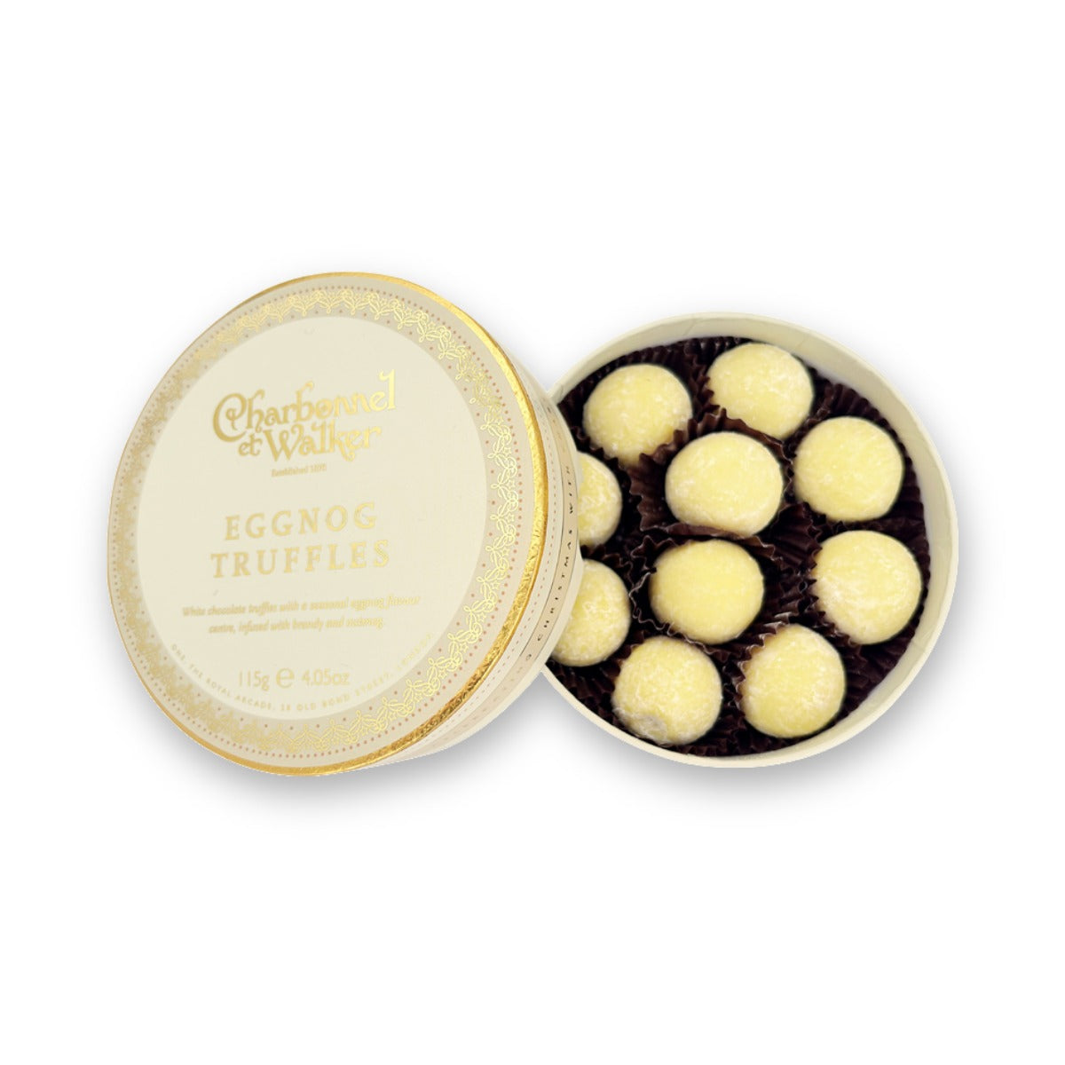 Charbonnel et Walker Eggnog Truffles 115g, round white and gold box open to show icing sugar dusted white chocolate truffles
