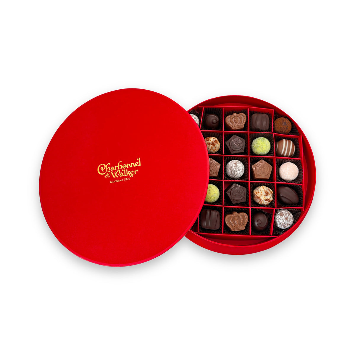 Charbonnel et Walker Luxury Assortment 315g, open box showing truffles and milk, white and dark chocolates