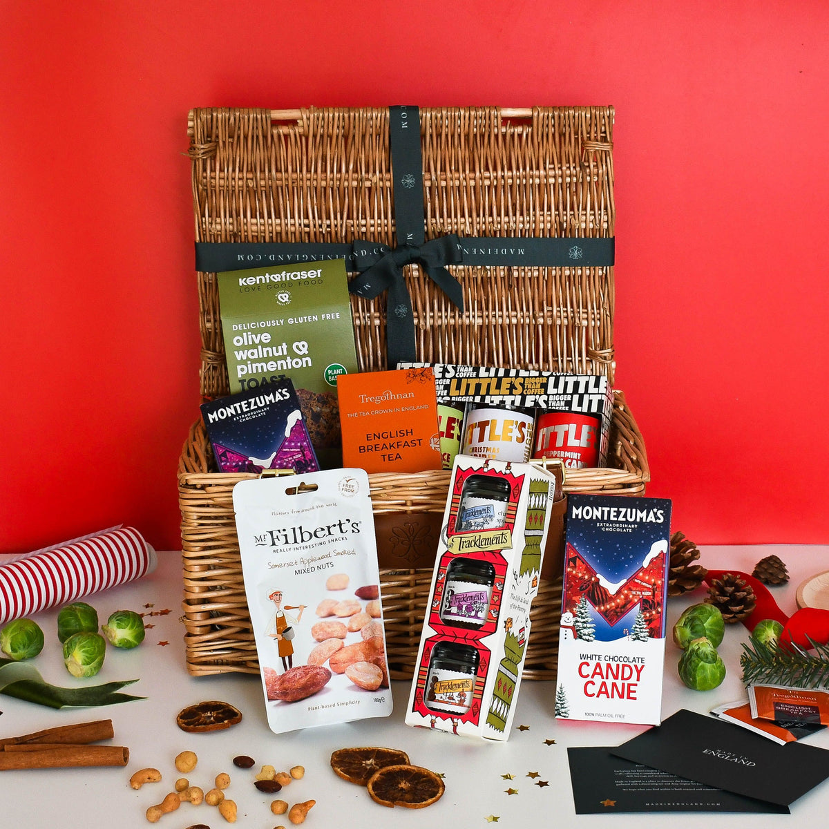 The Gluten Free Christmas Hamper against a red background