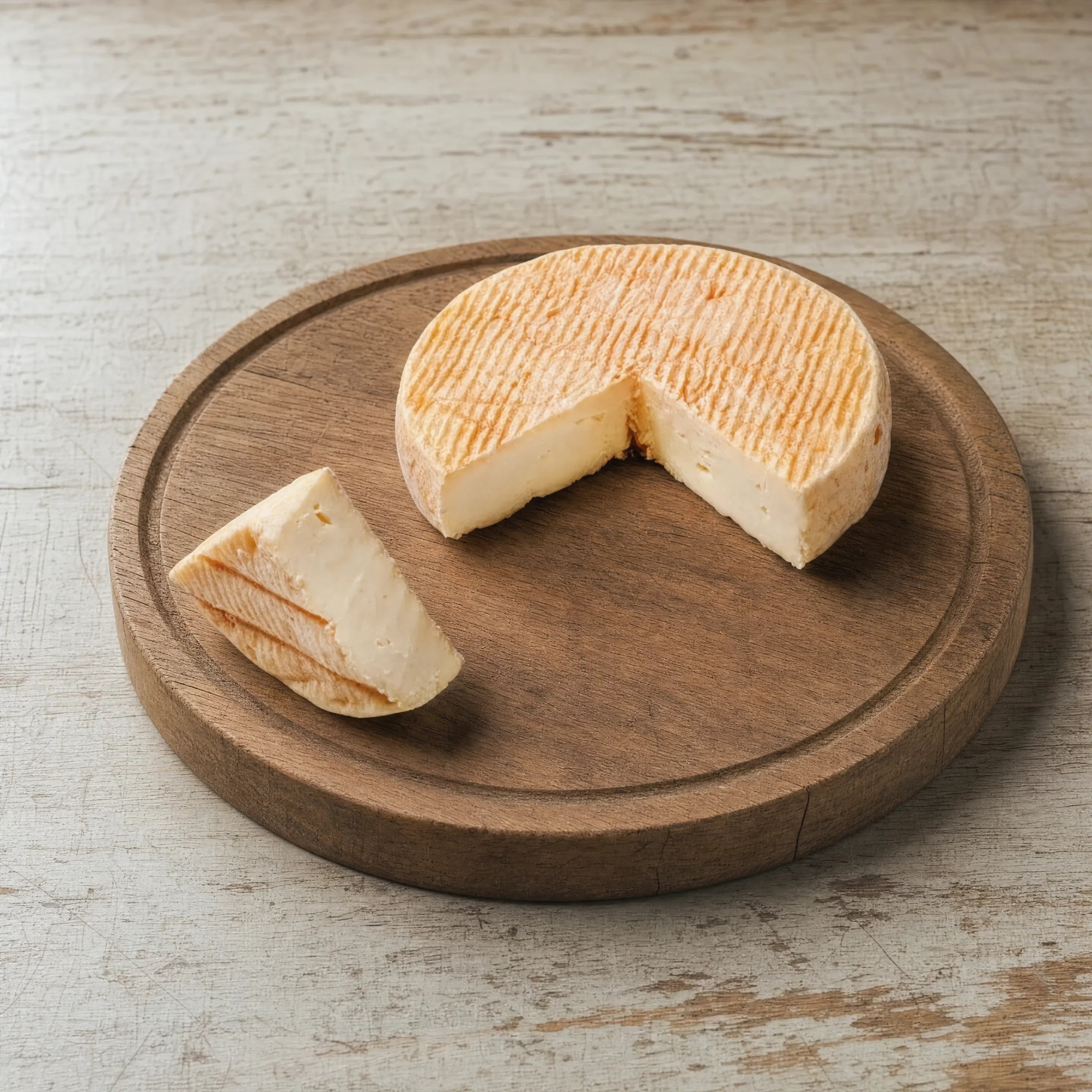 Oxford Isis washed-rind cheese on an oak board, English cheesemonger counter