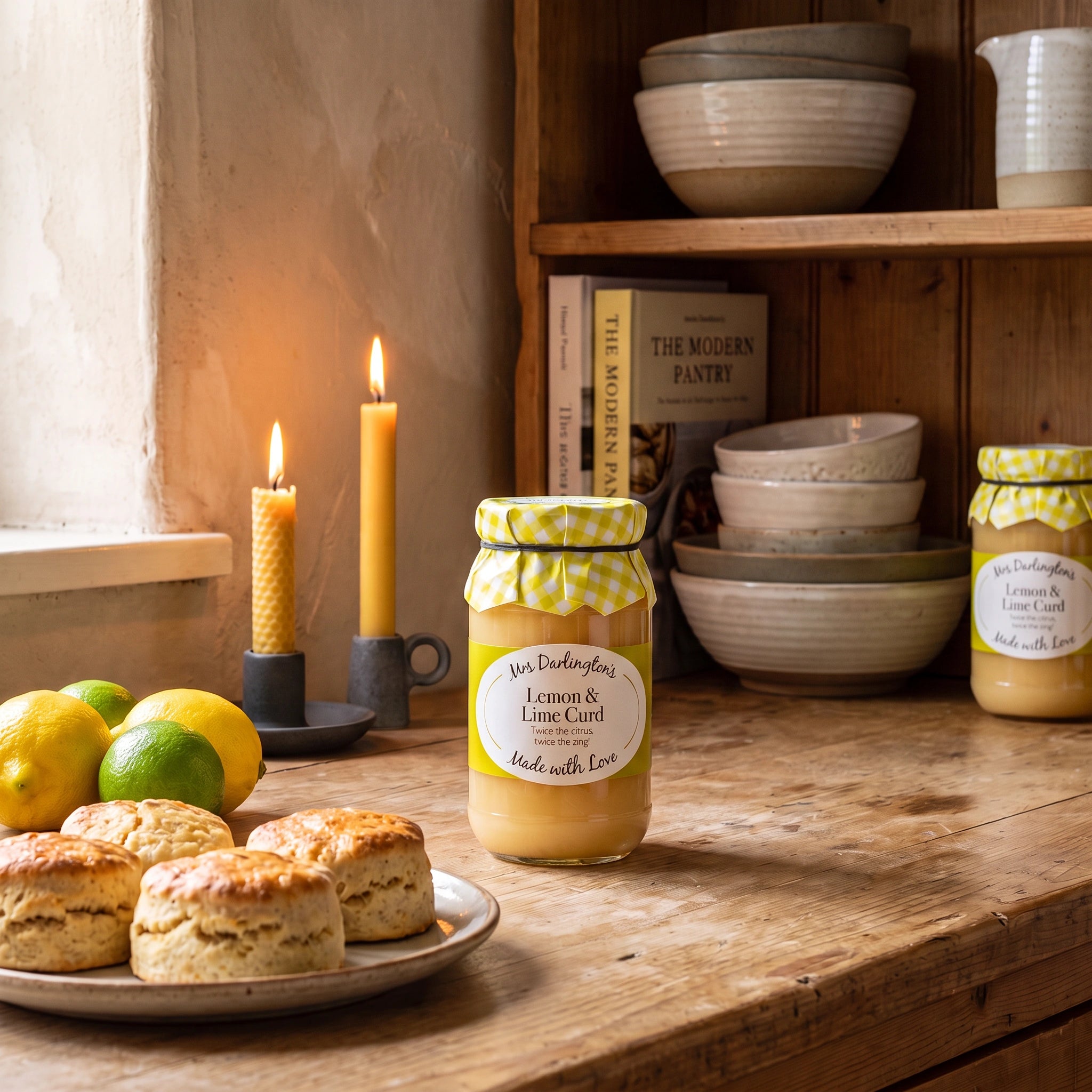 Mrs Darlington's Lemon & Lime Curd jar in a rustic kitchen setting with scones and fresh citrus