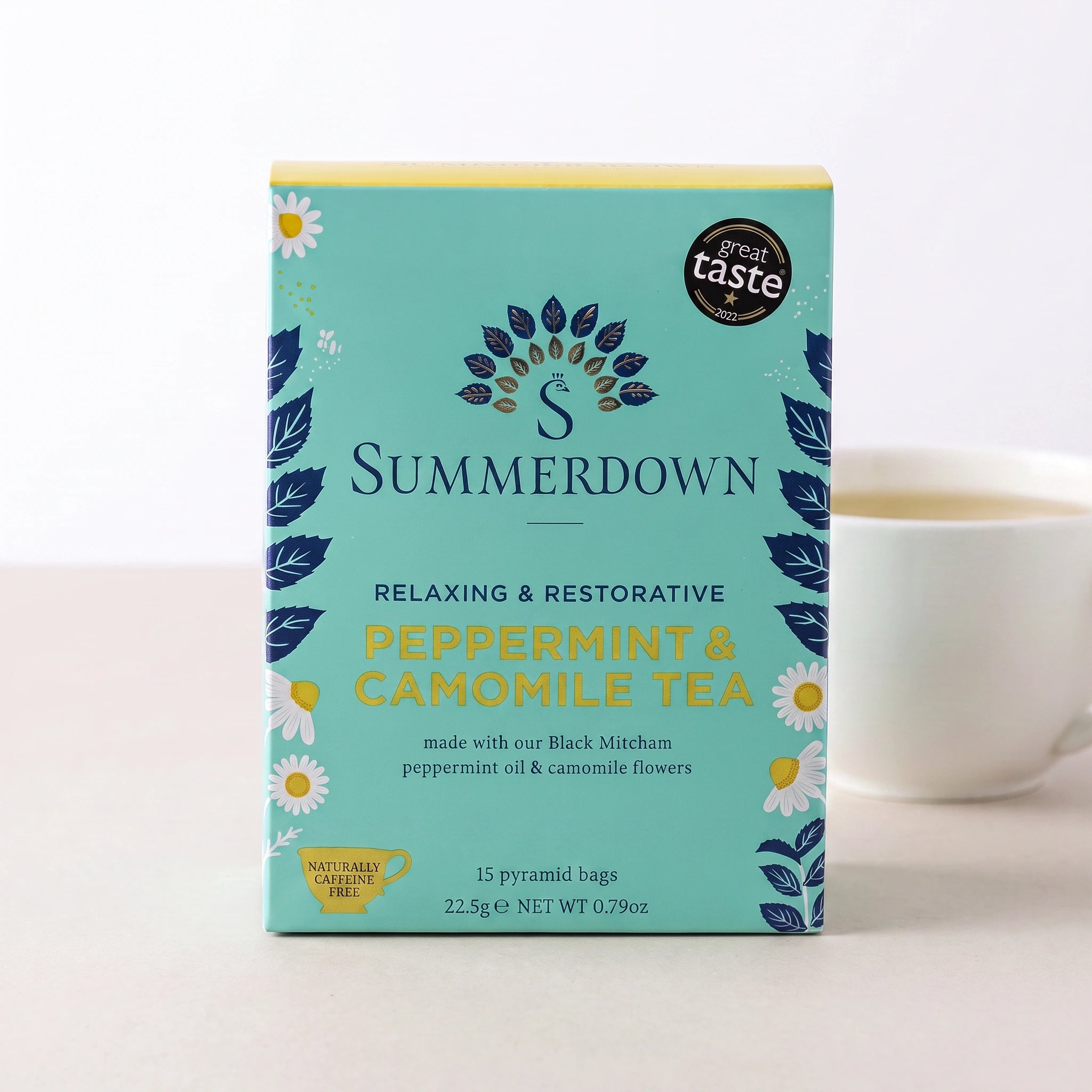 Summerdown Peppermint & Chamomile box front-on with a cup of herbal tea