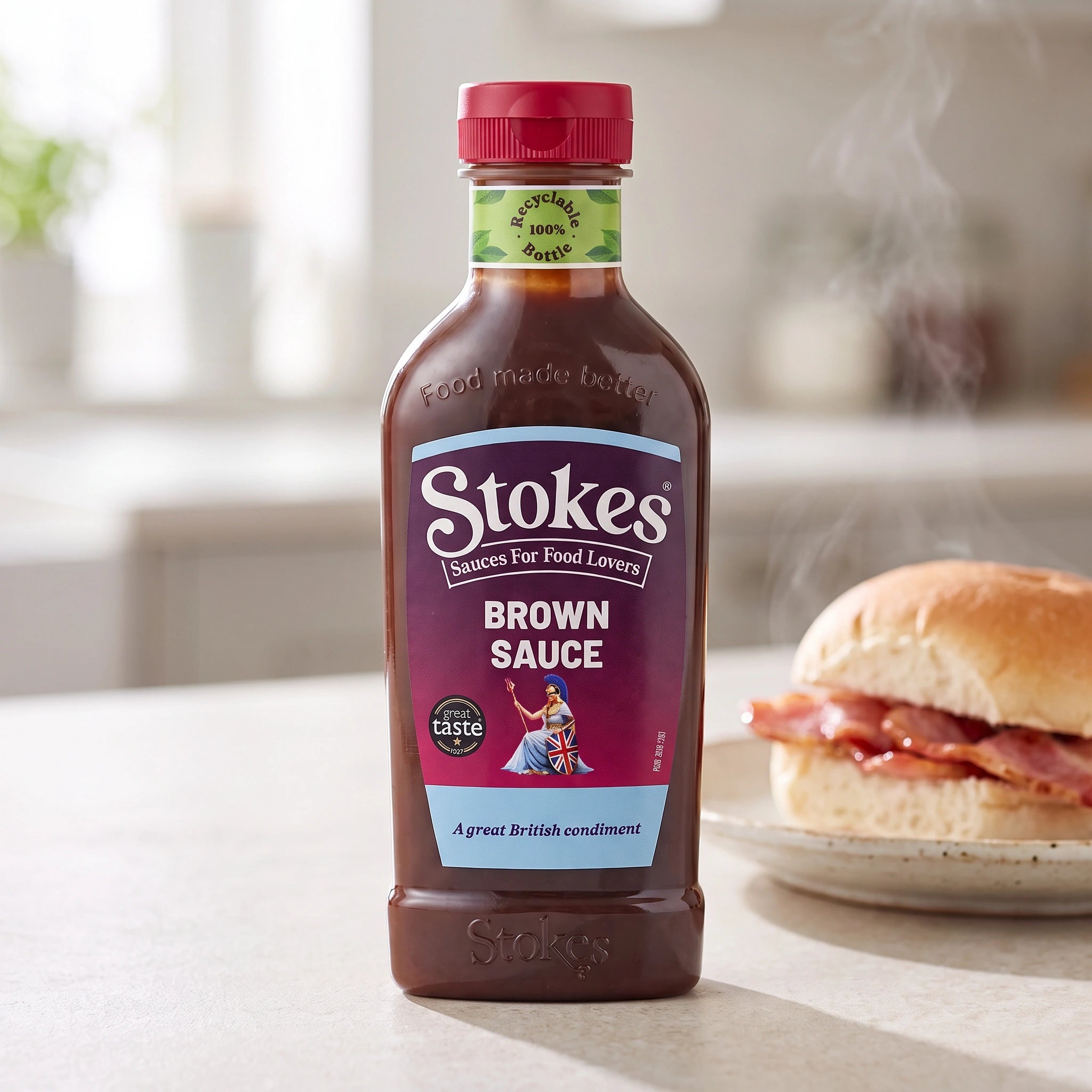 Stokes Brown Sauce bottle with a bacon roll