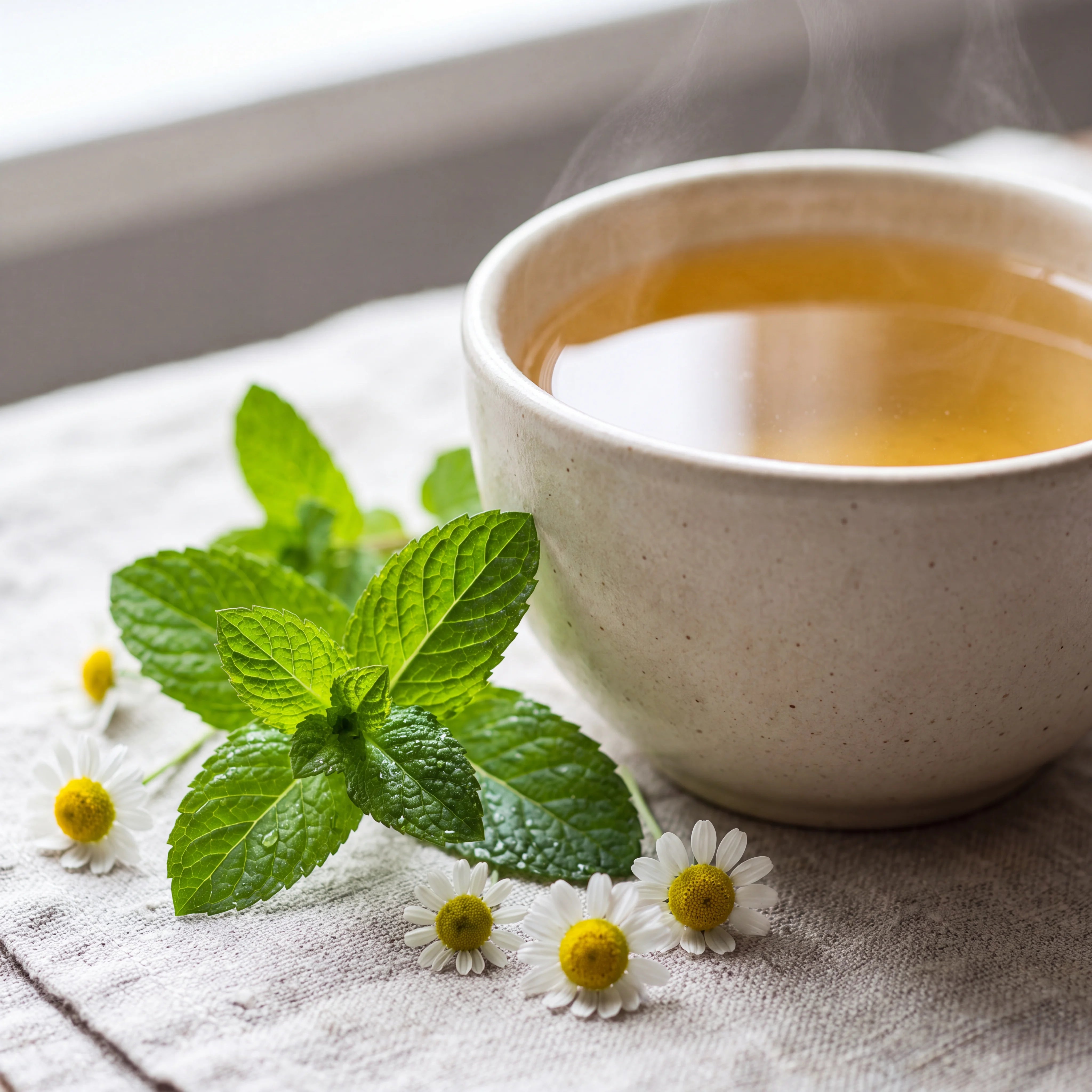 Cup of peppermint and chamomile tea with mint and chamomile flowers
