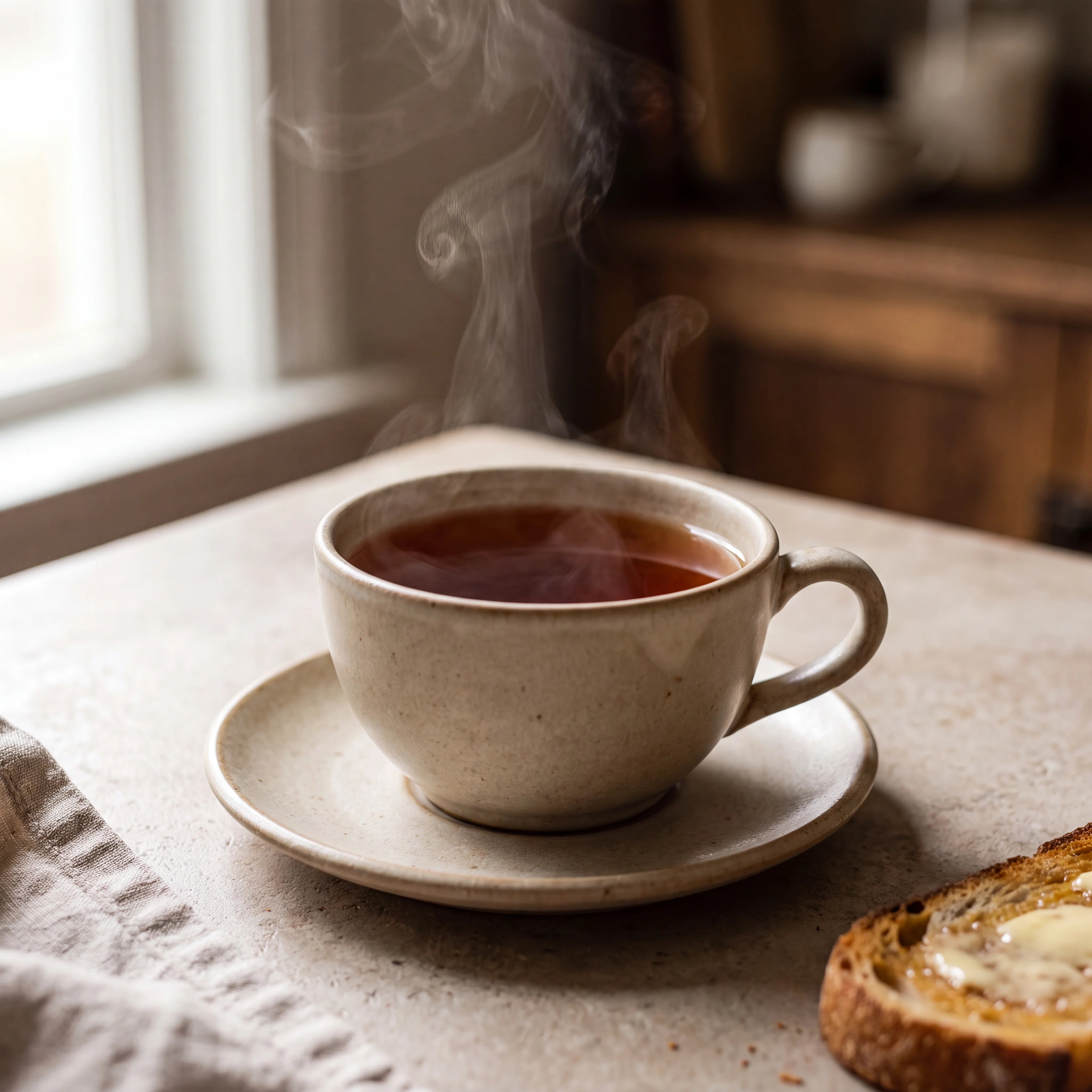 Freshly brewed cup of strong breakfast tea