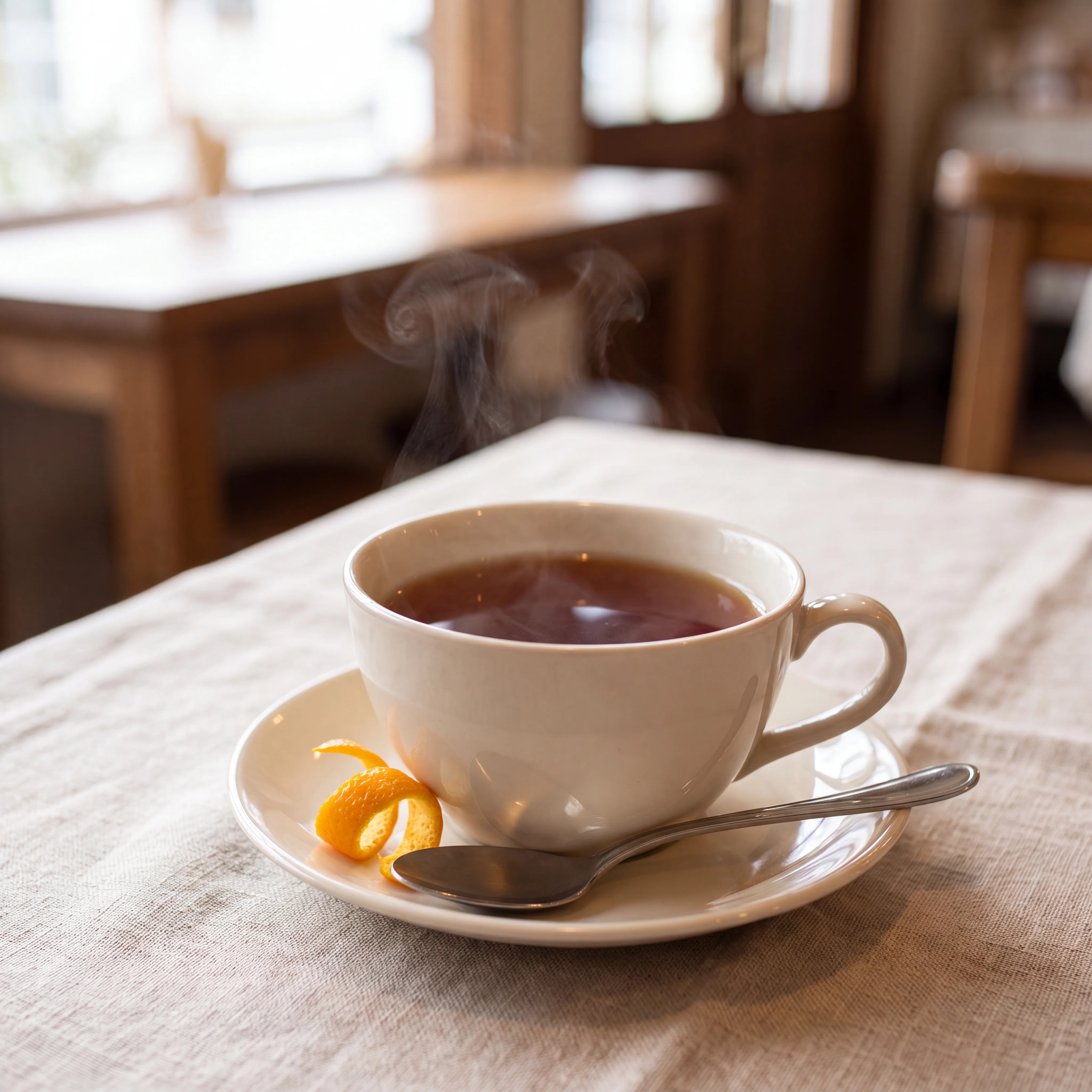 Freshly brewed cup of Earl Grey tea with a twist of bergamot peel