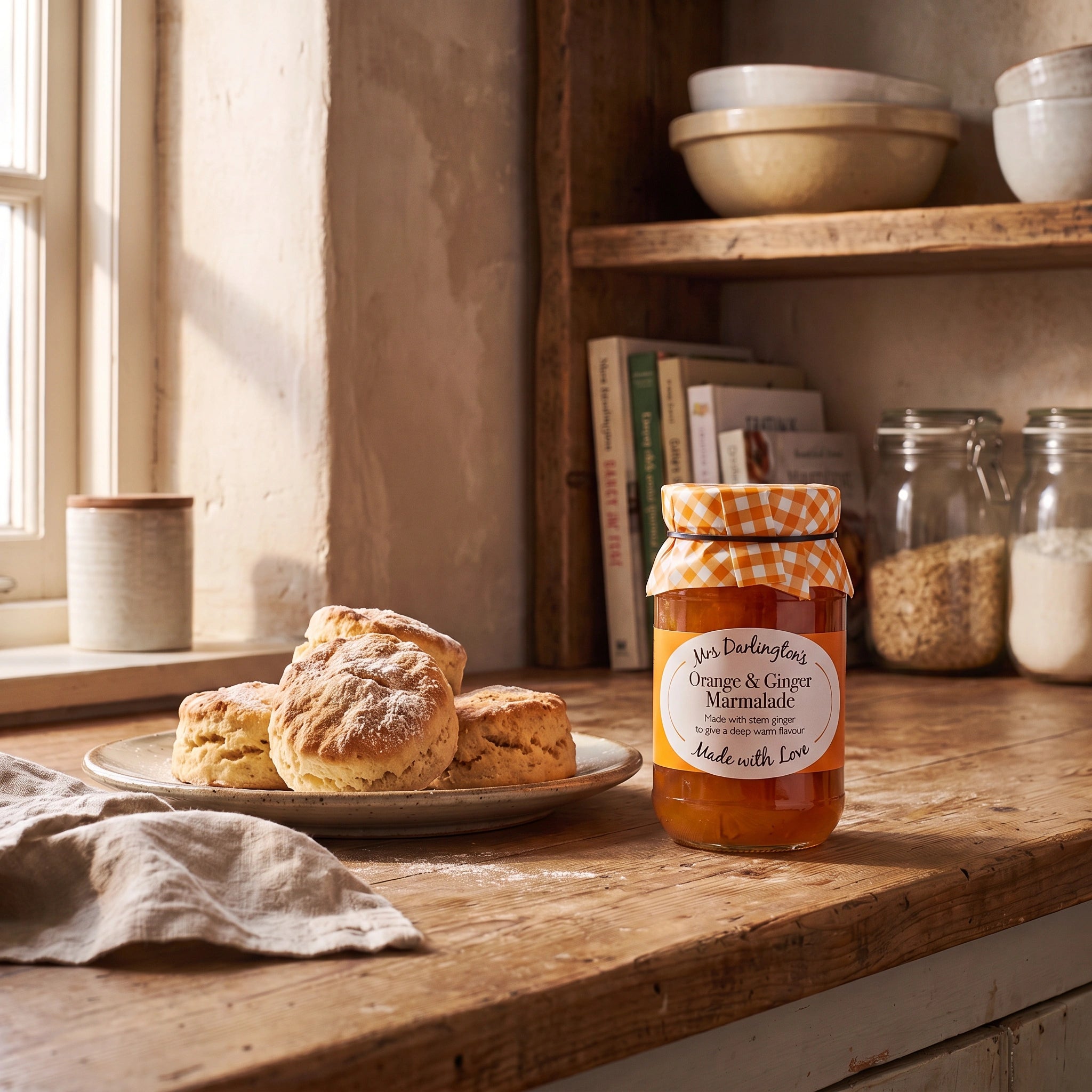 Mrs Darlington's Orange & Ginger Marmalade jar with warm scones in a rustic kitchen setting