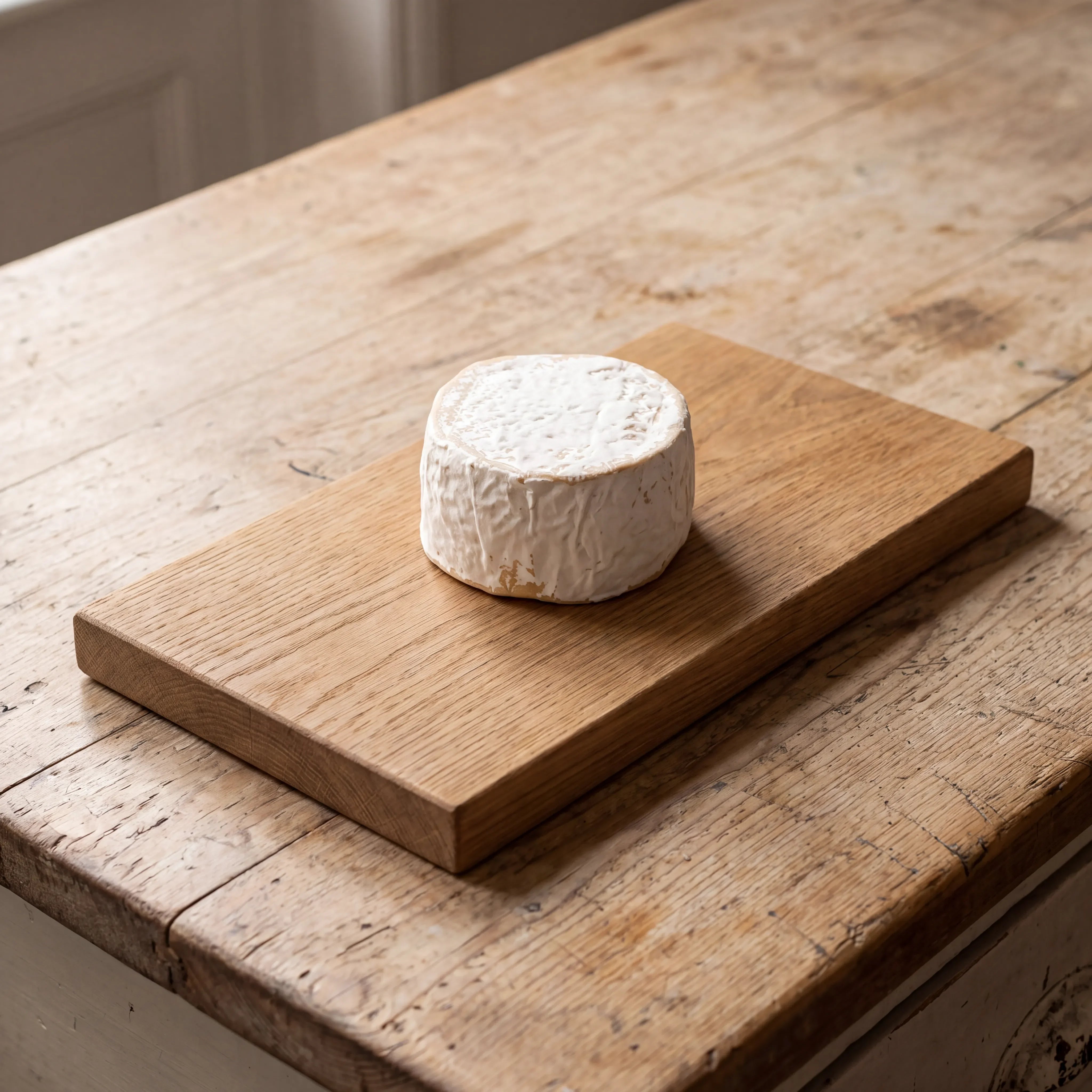 Finn soft cheese on an oak board, English cheesemonger counter