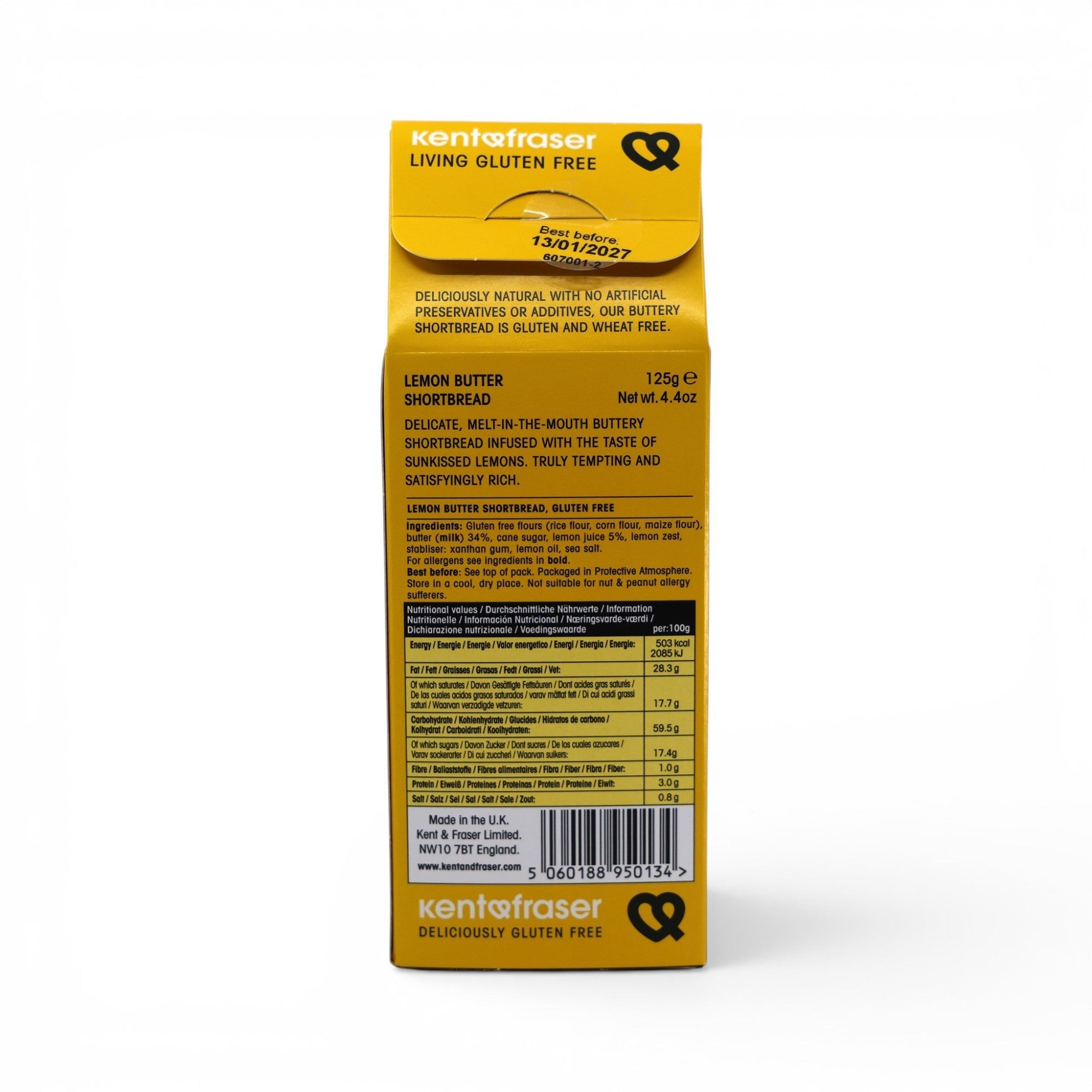Kent & Fraser Lemon Butter Shortbread biscuits, gluten-free, 125g pack. Zesty lemon and buttery flavor.
