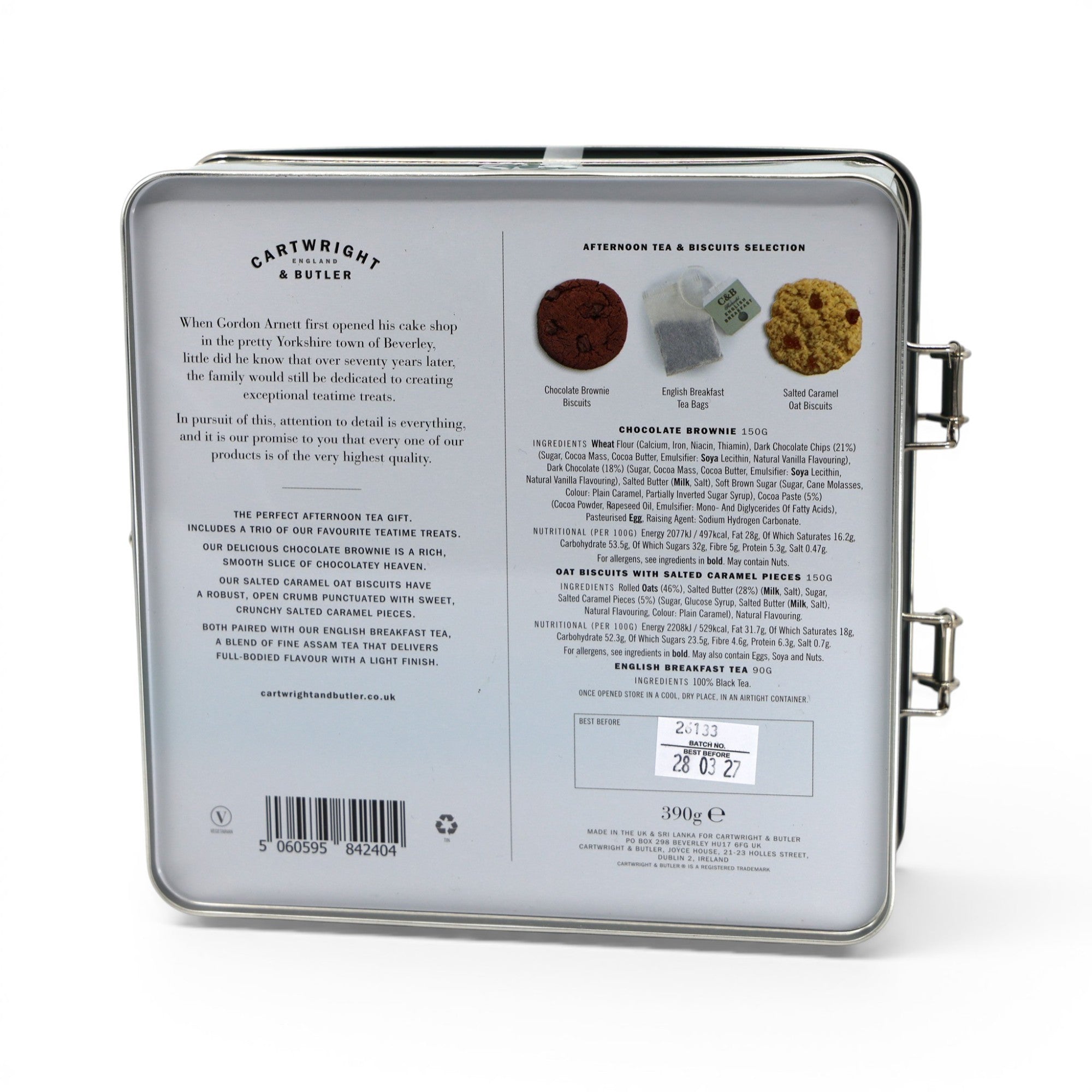 Made In England tin featuring Chocolate Brownie Biscuits, English Breakfast Tea bags, and Salted Caramel Oat Biscuits.