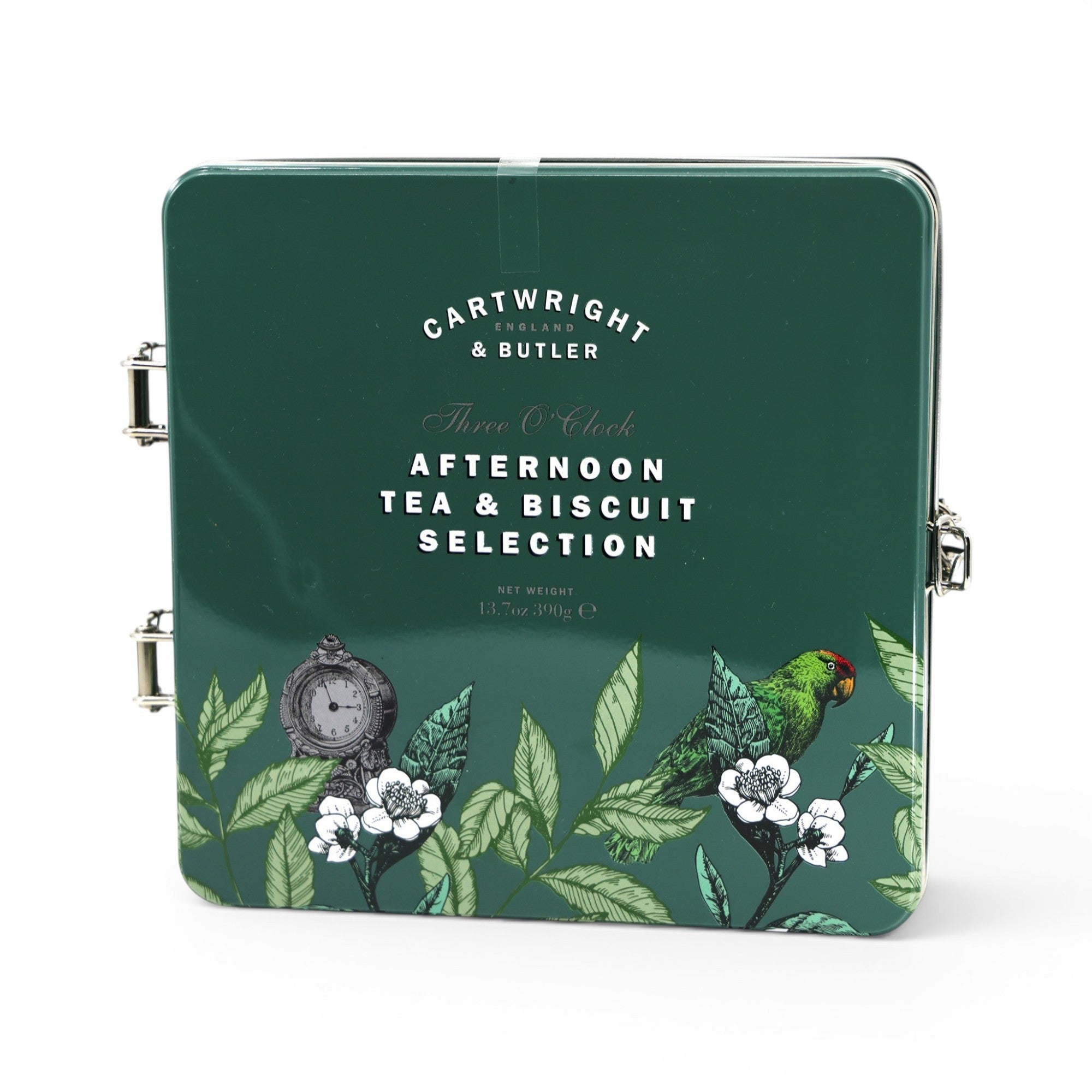 Made In England green tin with parrot and floral design, containing afternoon tea and biscuits.