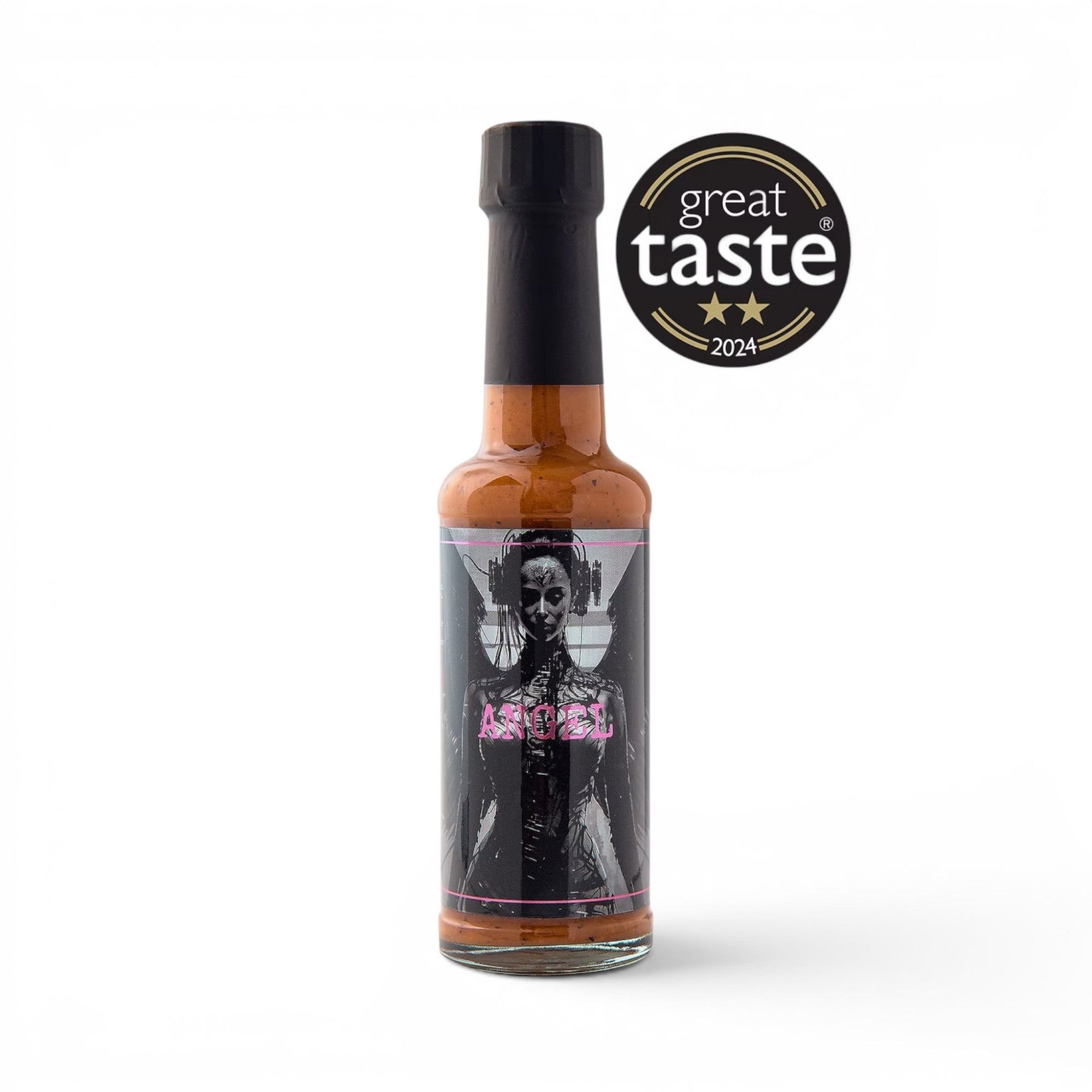 Made In England Angel hot sauce bottle with Great Taste 2024 award seal and edgy graphic label design.