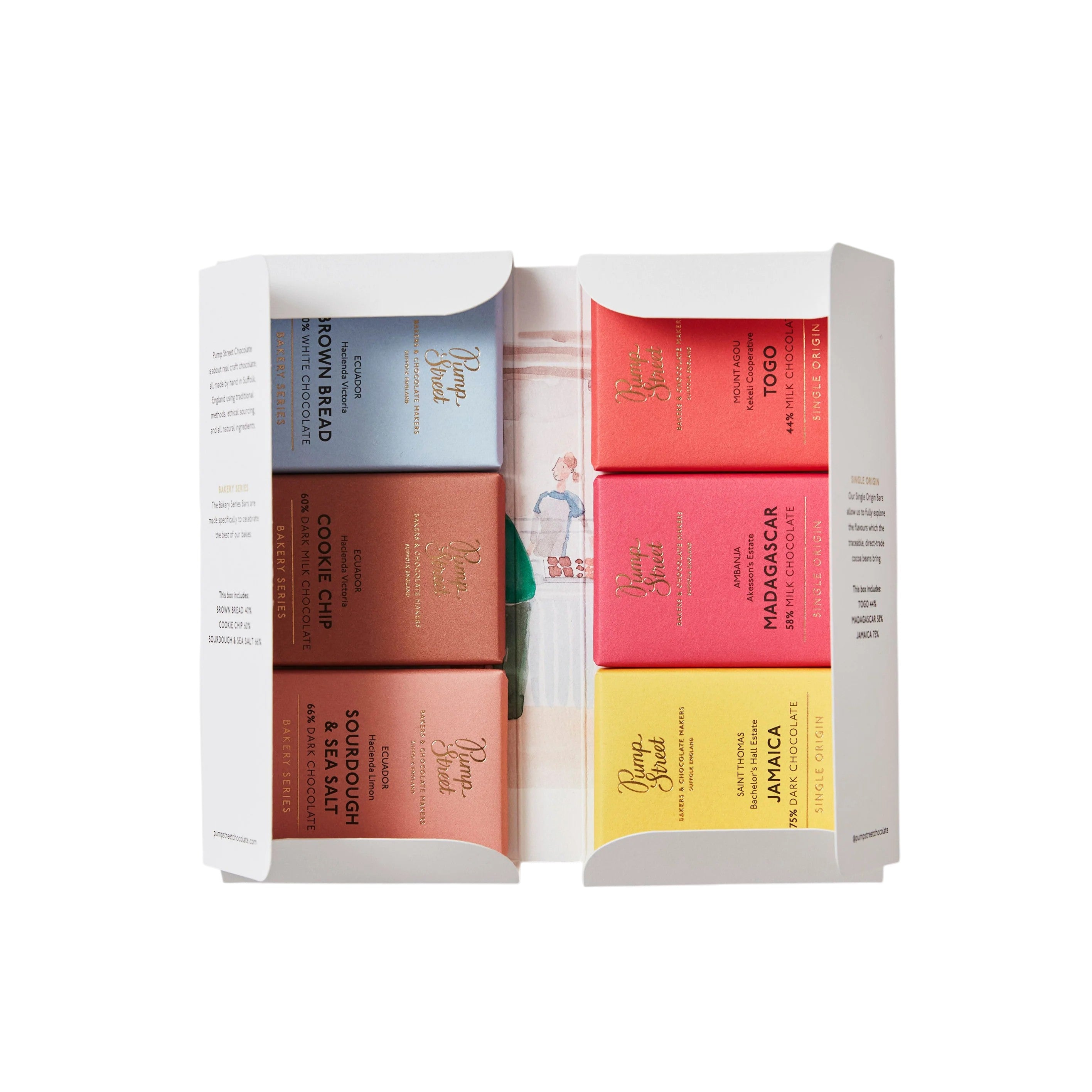 Made In England Pump Street Artisan Chocolate Tasting Selection Box with six mini bars including Brown Bread, Cookie Chip, Sourdough & Sea Salt, Togo, Madagascar, and Jamaica.