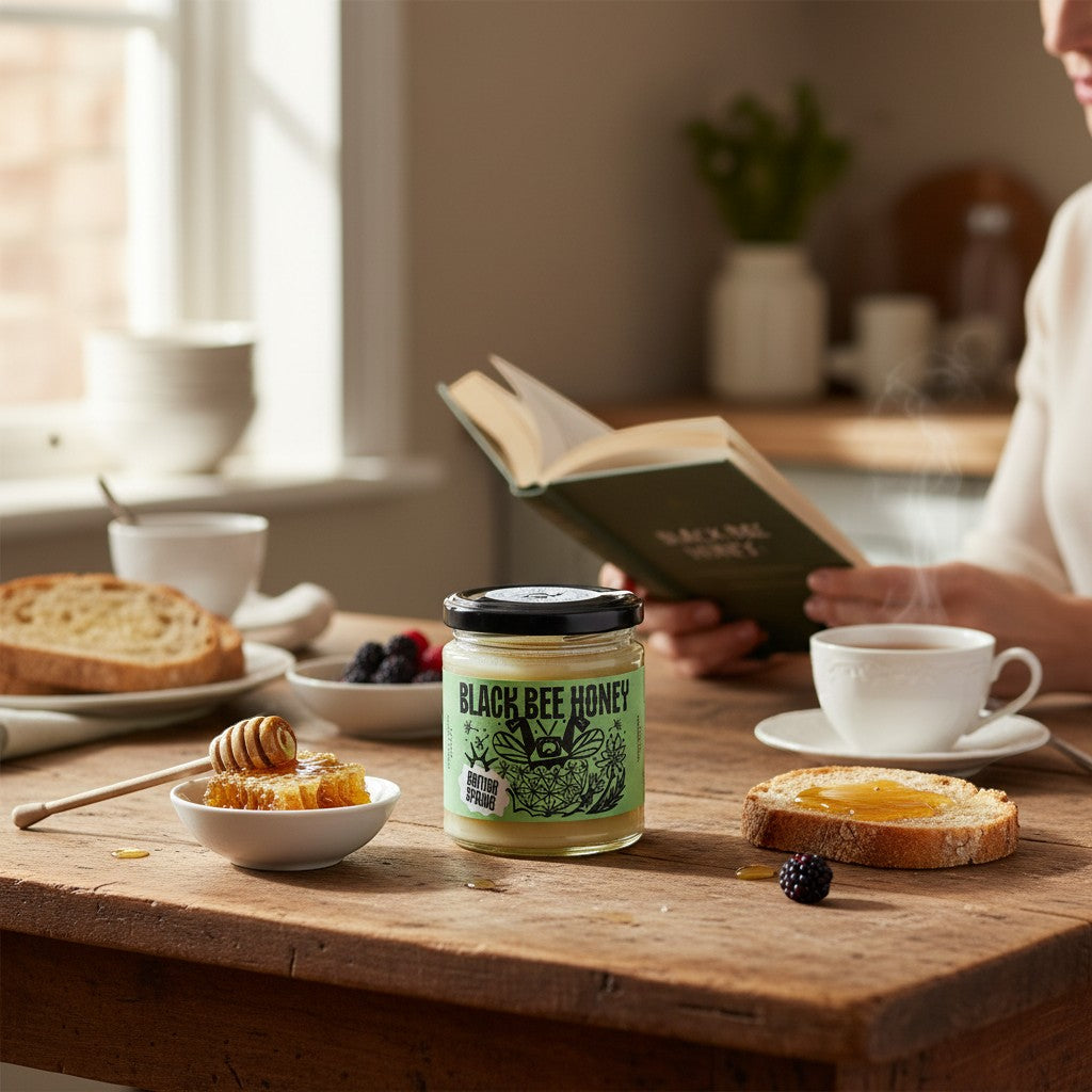 Made In England Black Bee Honey British Spring soft-set honey in a jar with honeycomb and toast.