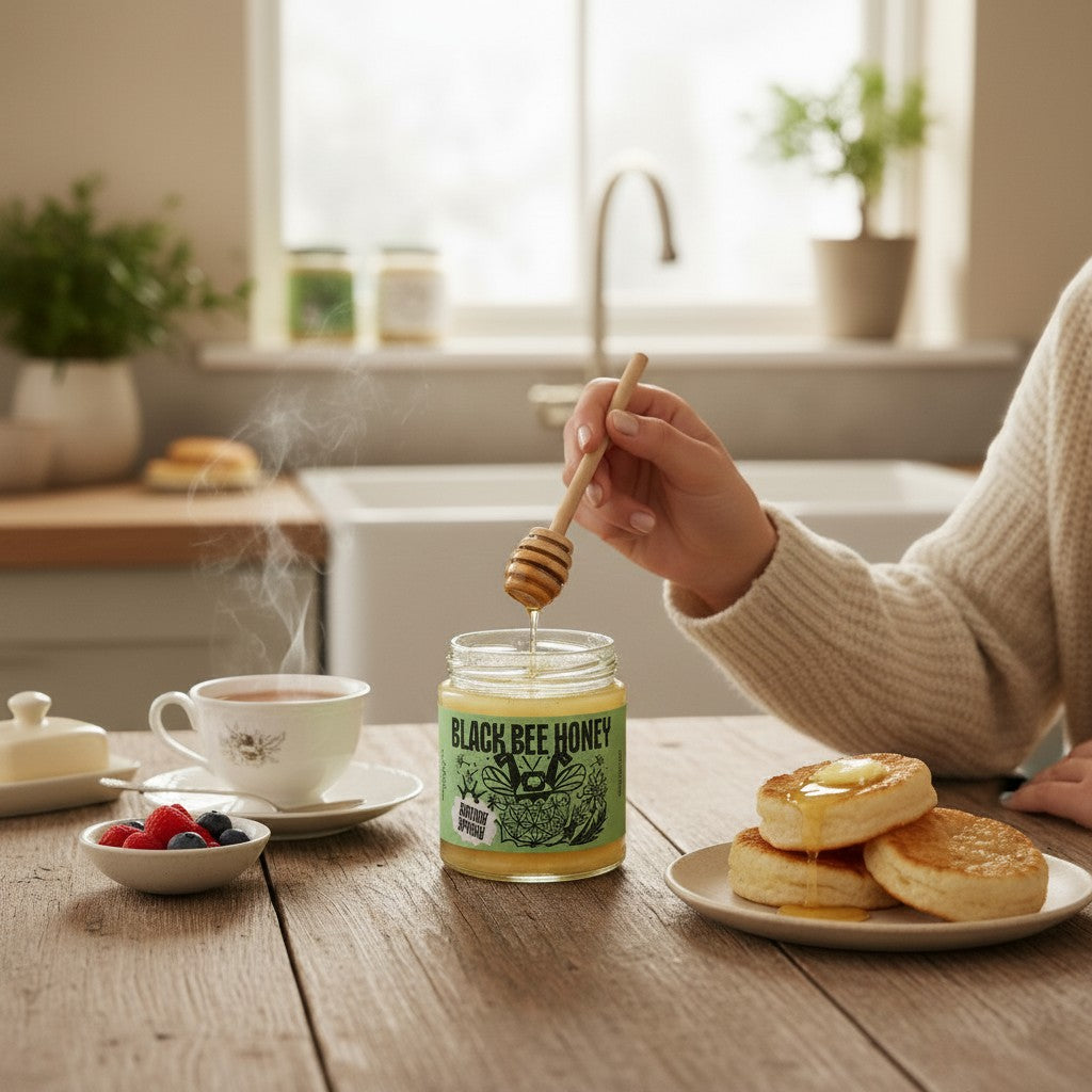 Made In England Black Bee Honey jar with a honey dipper, served with crumpets and tea.