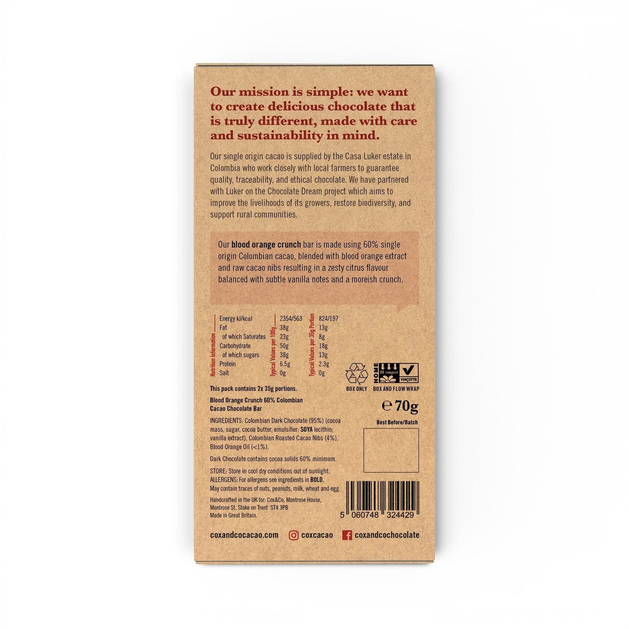 Made In England Cox & Co. Blood Orange Crunch Dark Chocolate Bar with 60% Colombian cacao, blood orange extract, and cacao nibs.