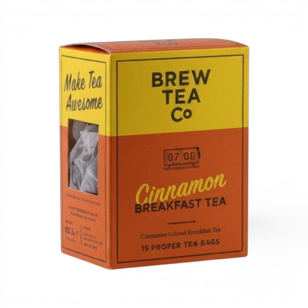 Brew Tea Co Cinnamon Breakfast Tea box with 15 proper tea bags. Orange and yellow packaging with bold text.