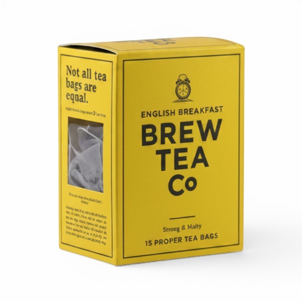 Made In England Brew Tea Co. English Breakfast tea bags, 15 biodegradable bags in a yellow box.