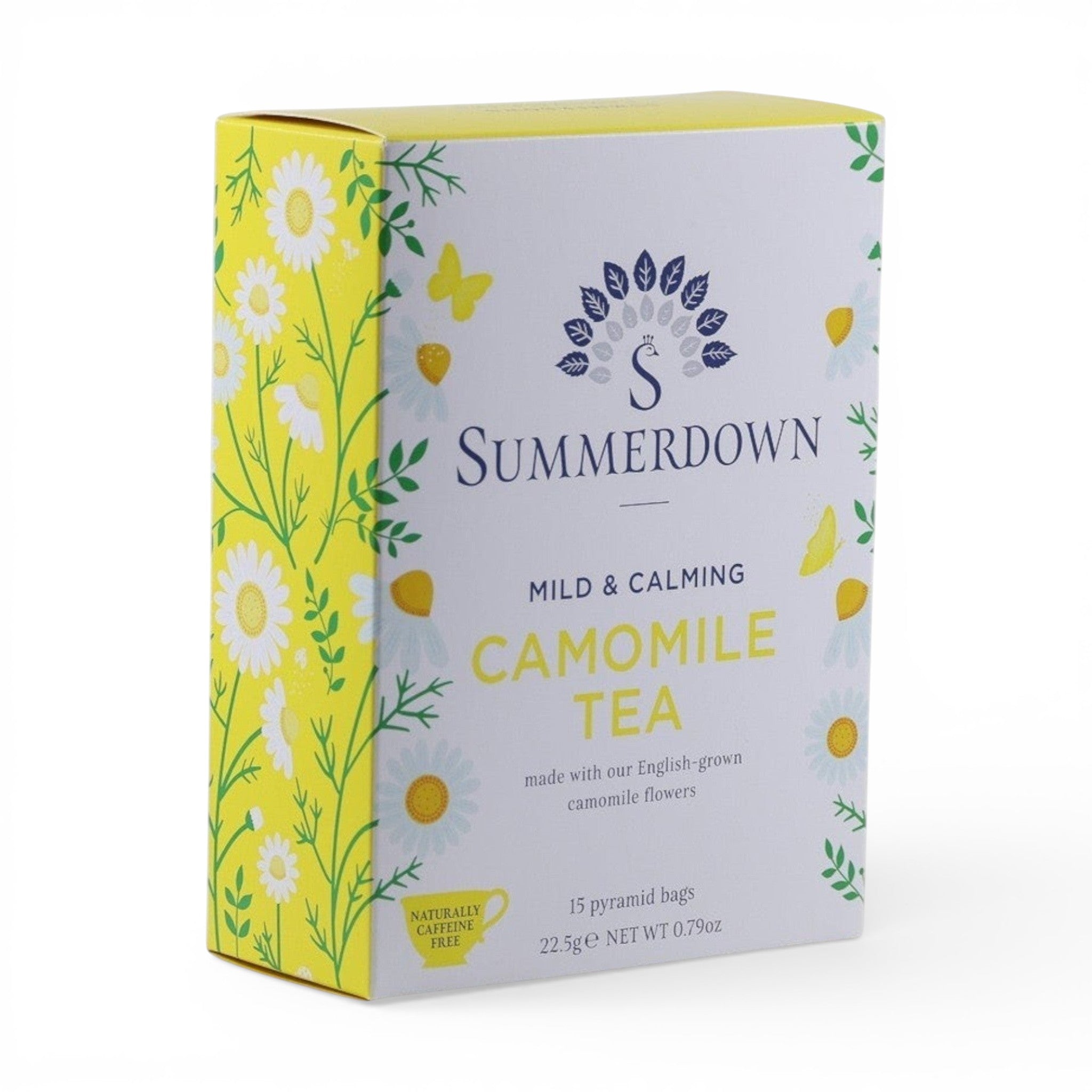Made In England Summerdown Mild & Calming Camomile Tea box with 15 pyramid bags, featuring English camomile flowers and lemon illustrations.