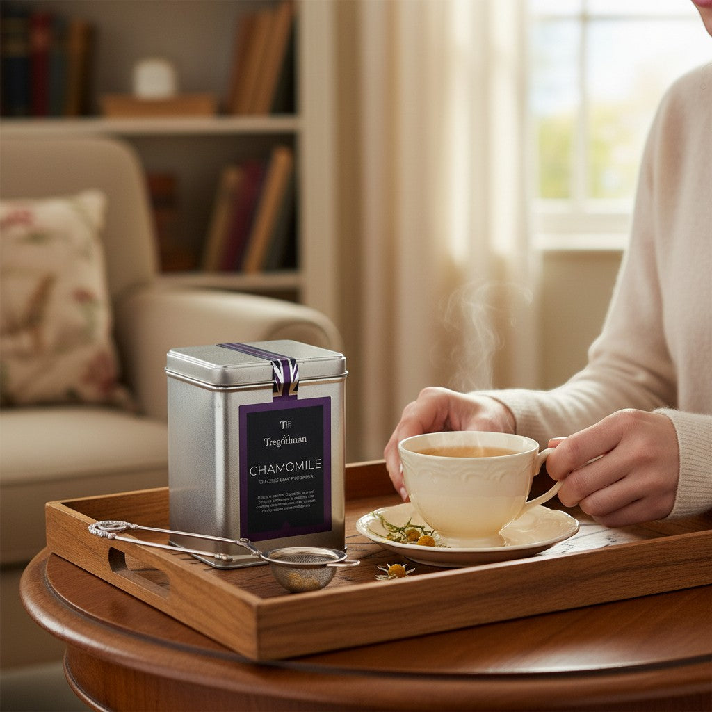 Made In England Tregothnan Chamomile loose leaf pyramids tin next to a steaming cup of tea on a wooden tray.