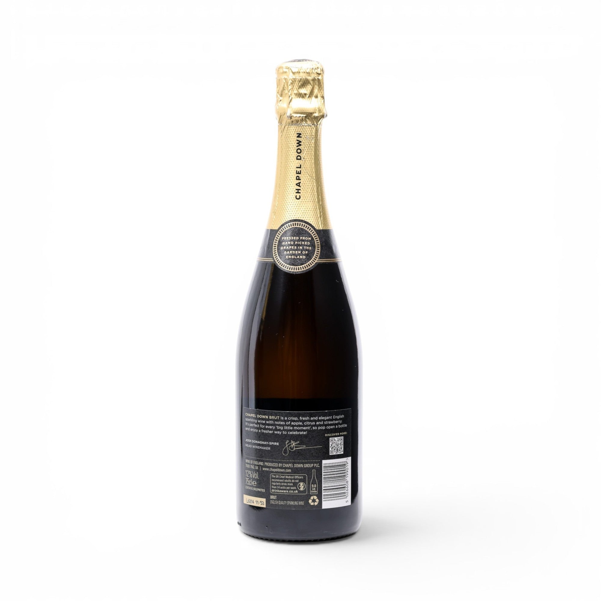 Made In England Chapel Down Brut sparkling wine bottle with gold foil top and black label.