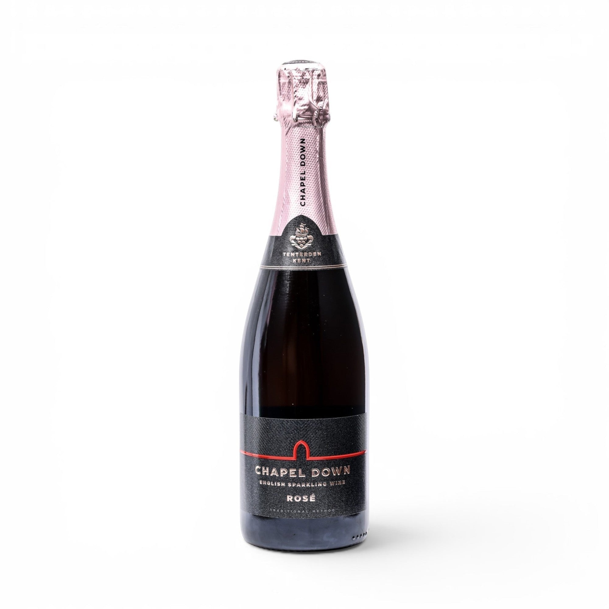 Made In England Chapel Down Rosé English sparkling wine in a dark glass bottle with a pink foil capsule and black label.
