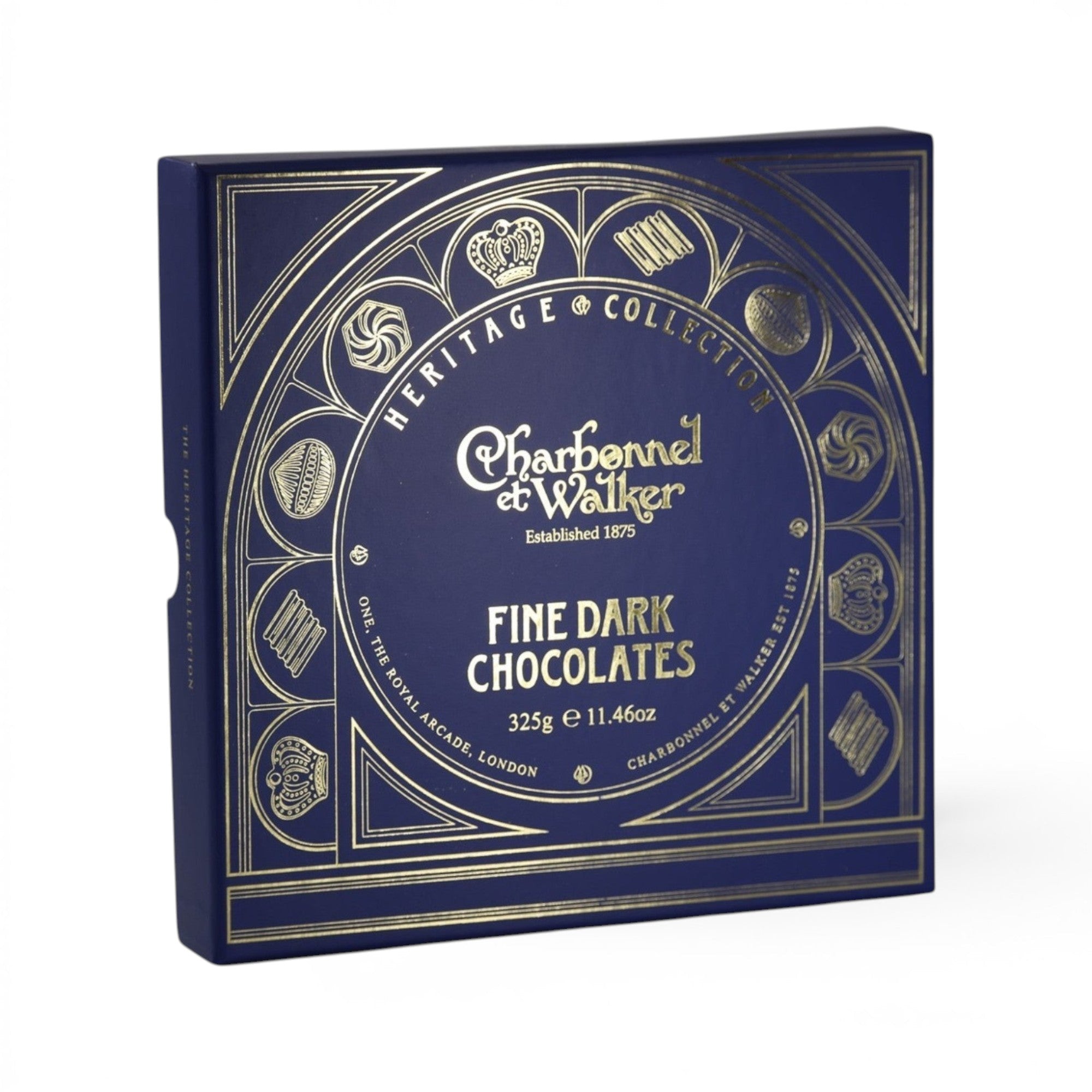 Made In England Charbonnel et Walker Fine Dark Chocolates Heritage Collection 325g box with gold detailing on navy blue.