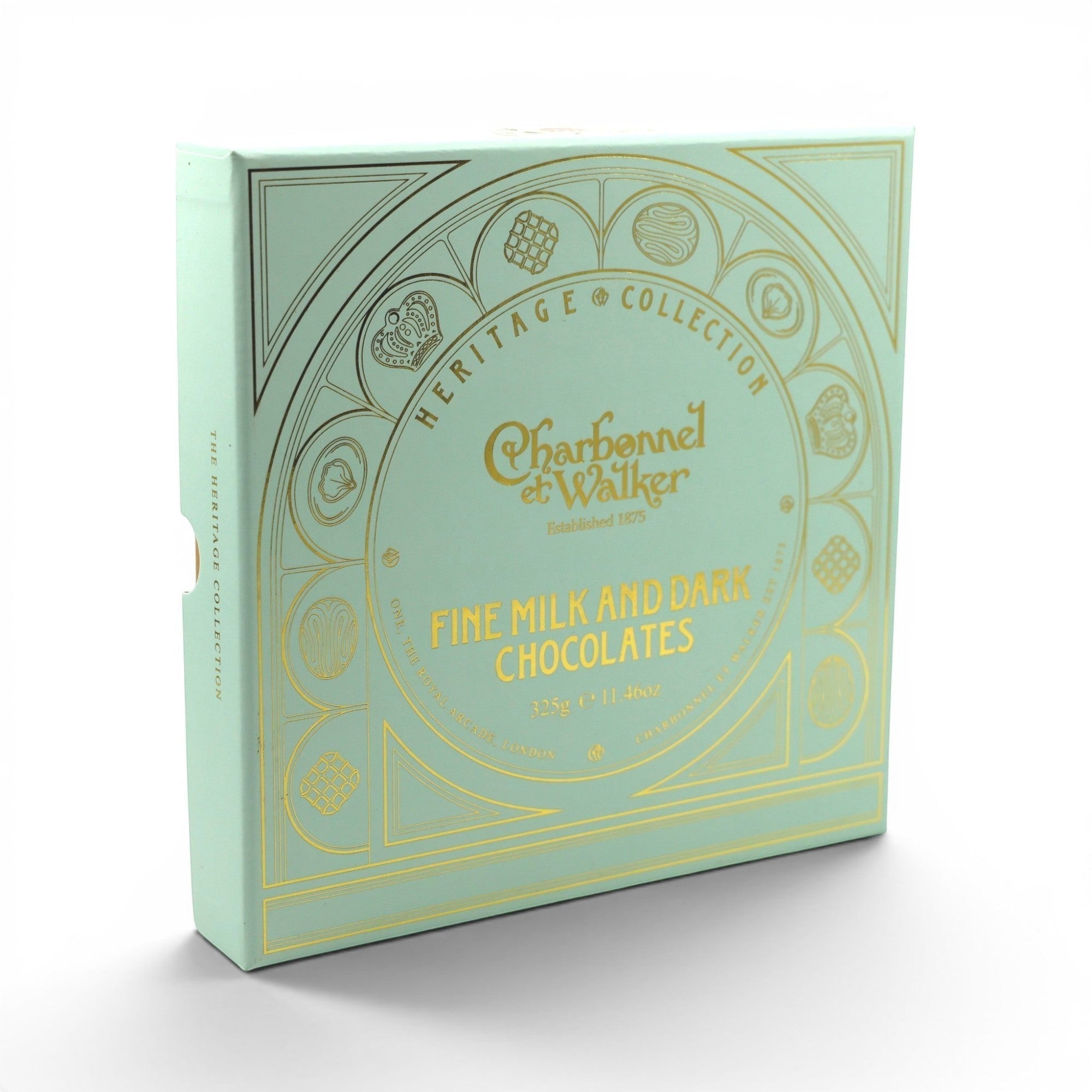 Made In England Charbonnel et Walker Heritage Collection fine milk and dark chocolates box. Elegant mint green packaging with gold foil details.