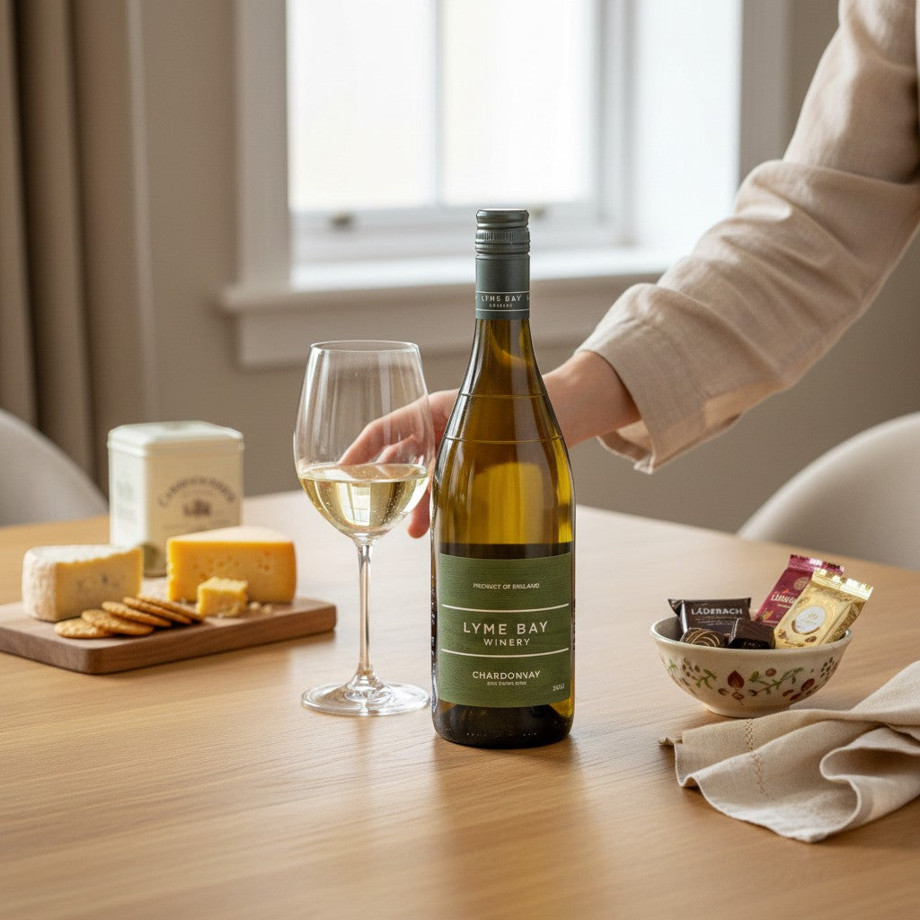 Made In England Lyme Bay Winery Chardonnay bottle with a glass of white wine, cheese, crackers, and chocolates on a wooden table.
