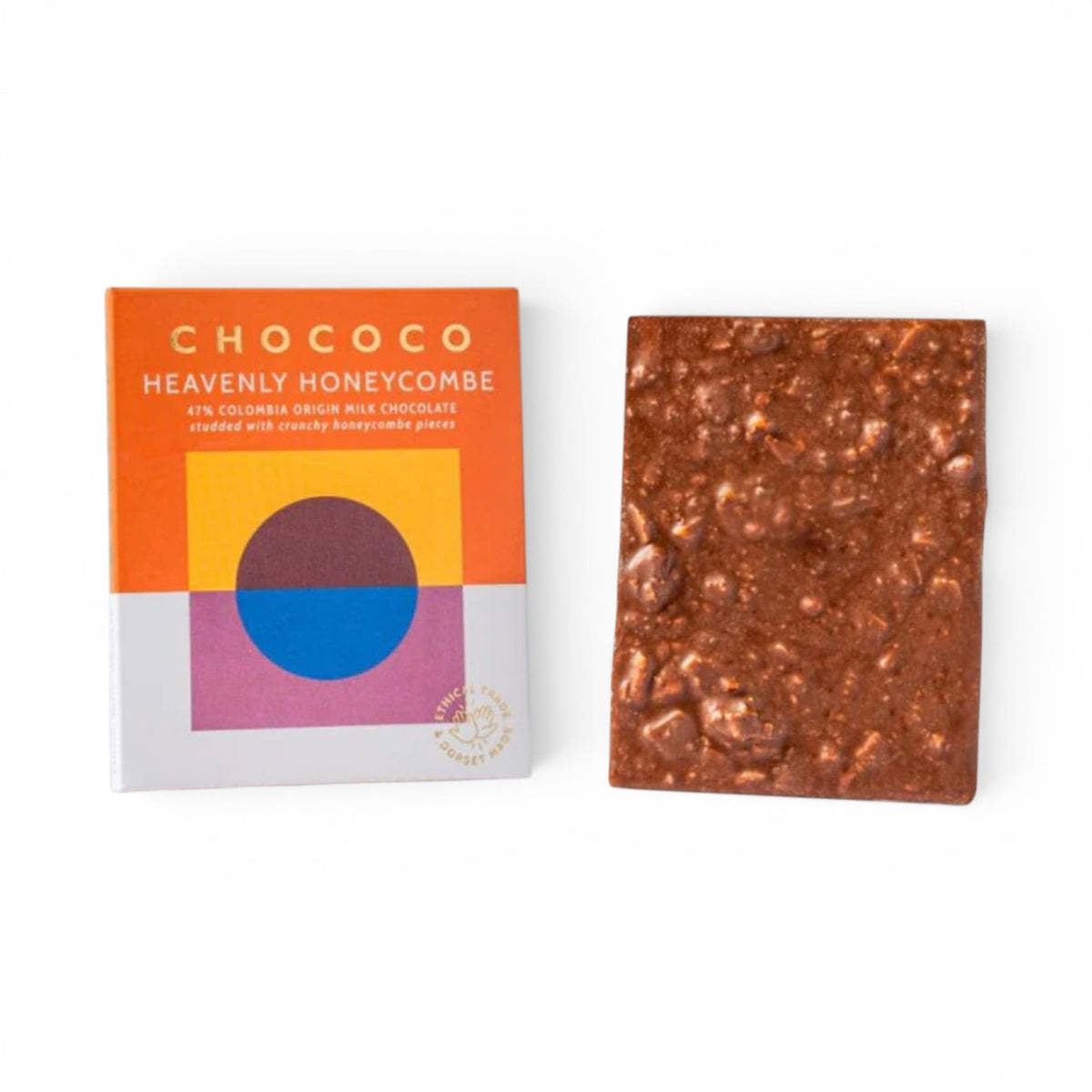 Made In England CHOCOCO milk chocolate bar with crunchy honeycomb pieces next to its vibrant geometric packaging.