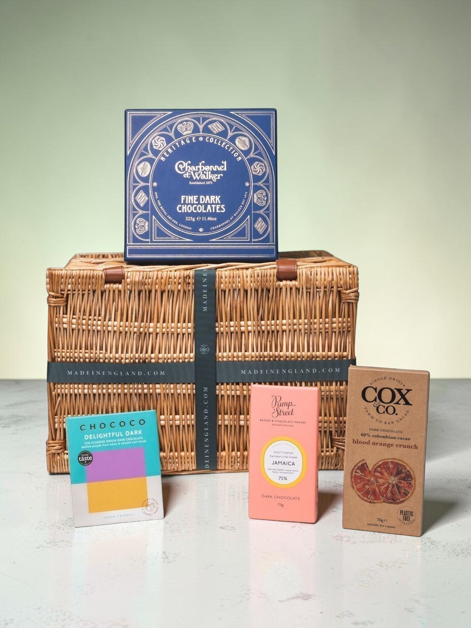 Made In England Artisan Chocolate Selection Gift Hamper with dark chocolates and woven basket.
