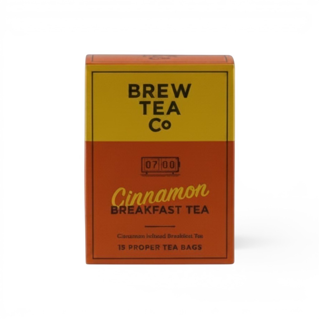 Made In England Brew Tea Co Cinnamon Breakfast Tea box with 15 proper tea bags. Orange and yellow packaging.
