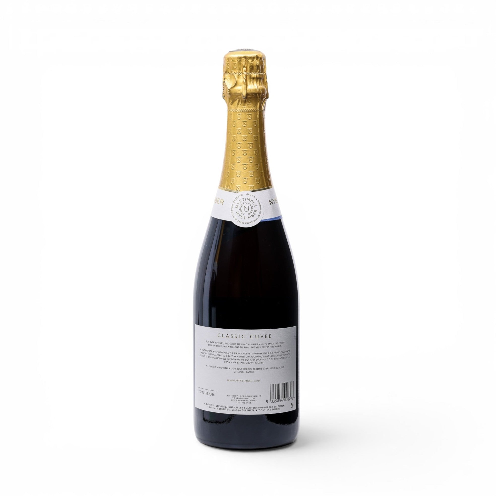 Made In England Classic Cuvée sparkling wine bottle with gold foil top and label.