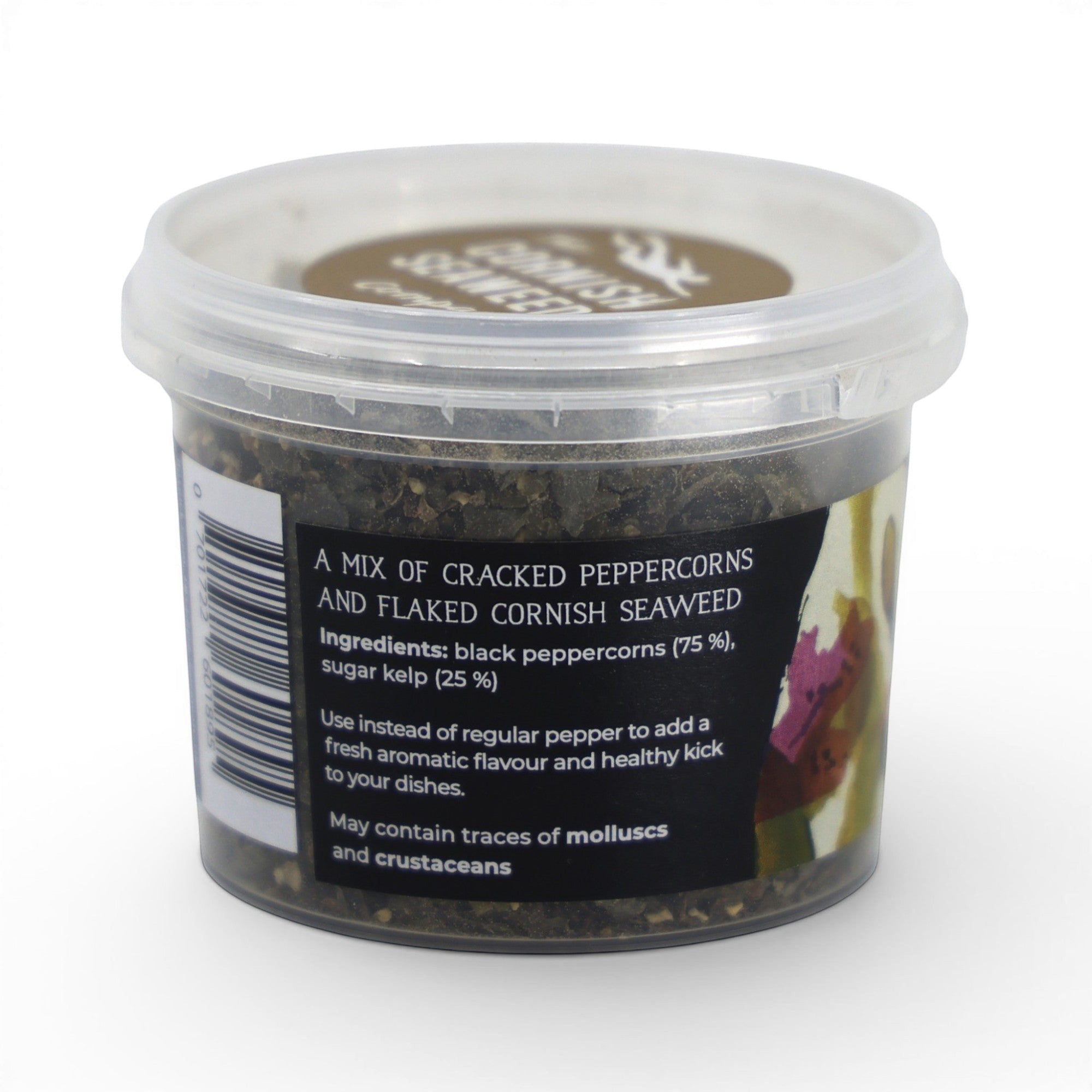 Made In England Cornish Seaweed Pepper Seasoning in a clear plastic tub with a black label detailing ingredients and usage.