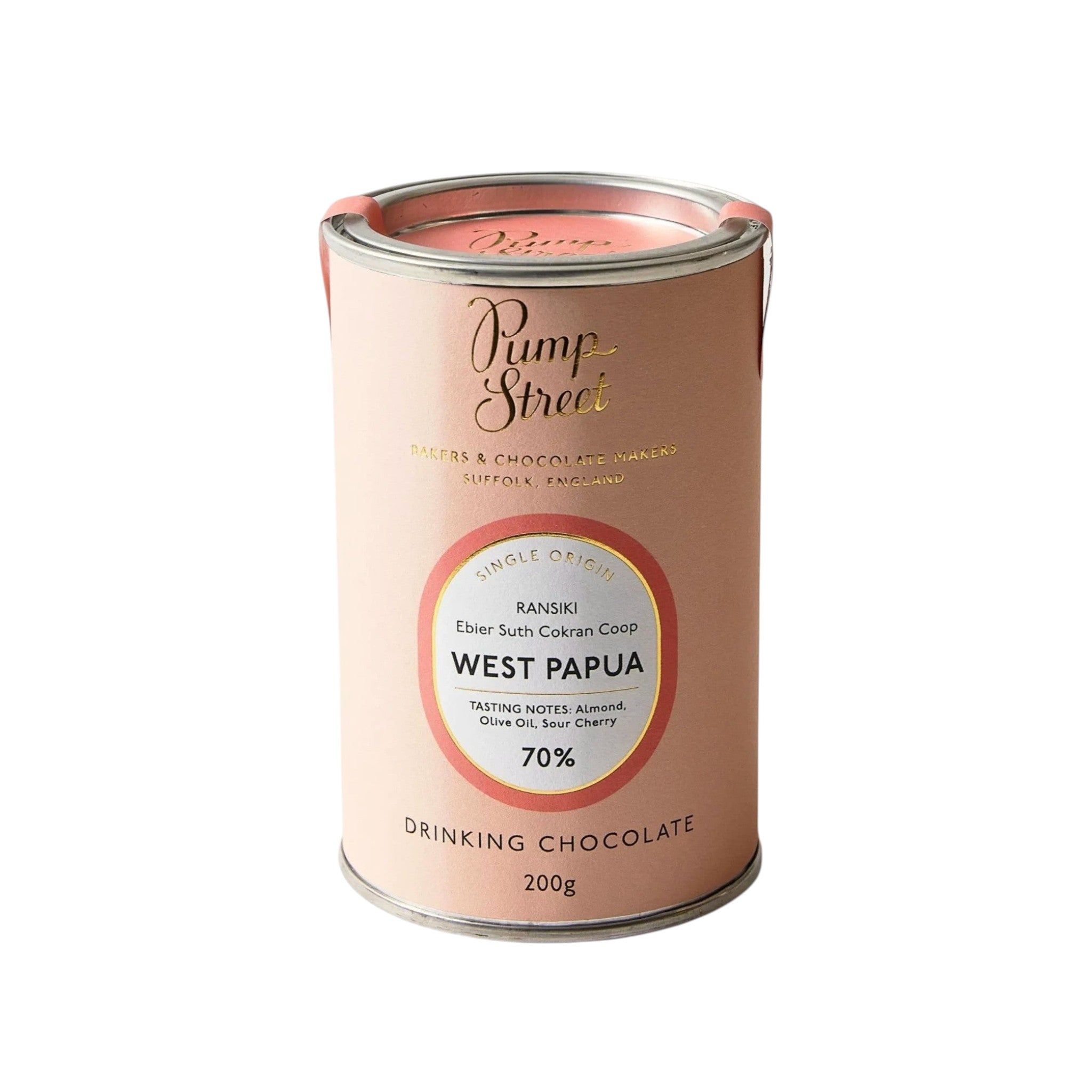 Made In England Pump Street West Papua 70% drinking chocolate tin with tasting notes of almond, olive oil, and sour cherry.