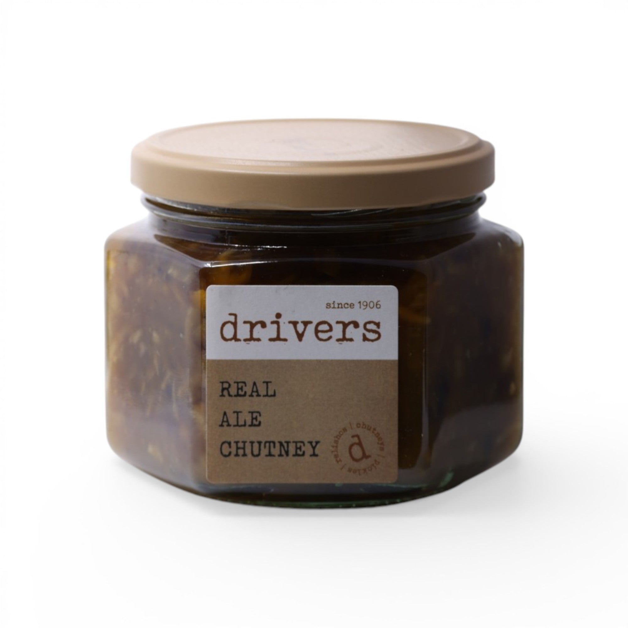 Made In England Drivers Real Ale Chutney, a chunky fruit and ale condiment in a glass jar with a beige lid.