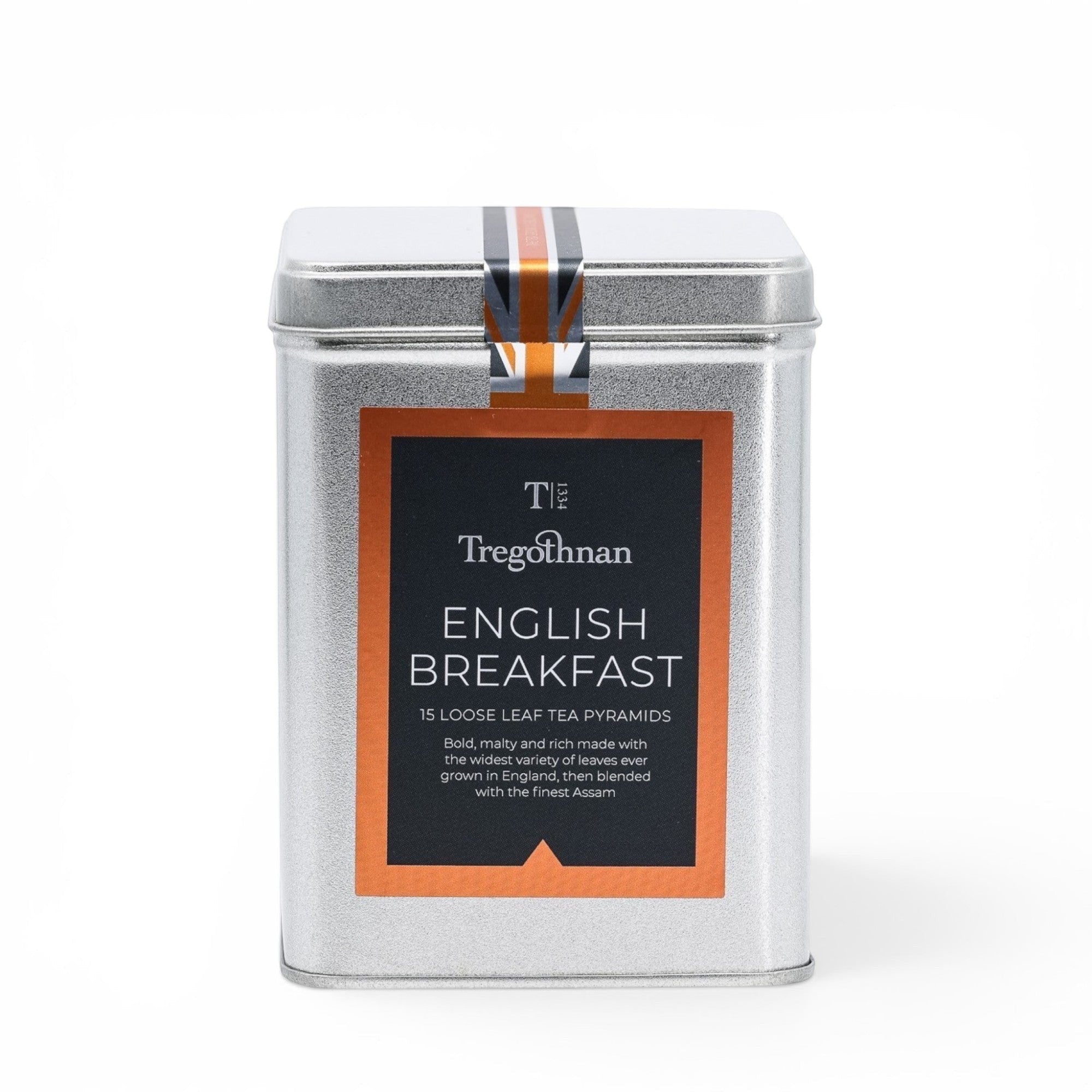 Made In England Trewhella English Breakfast loose leaf tea in a silver tin with orange label and Union Jack detail.