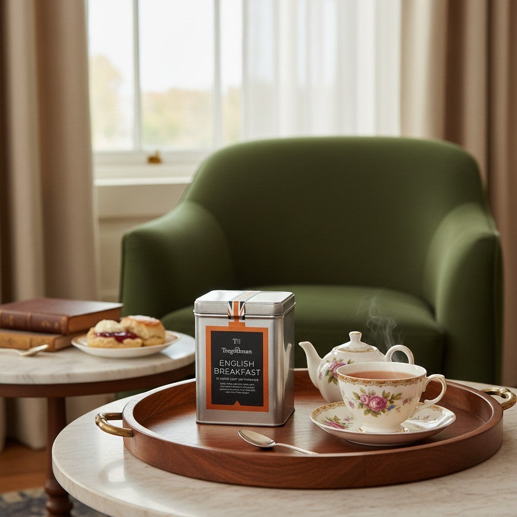 Made In England silver tin of English Breakfast loose leaf tea, served with a scone and floral teacup.