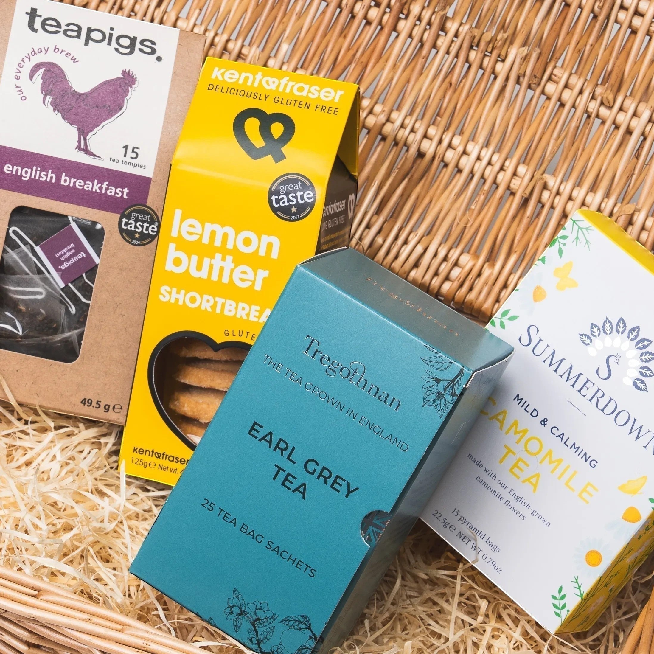 Made In England The English Tea Collection gift set with Earl Grey tea, English Breakfast tea, chamomile tea, and lemon butter shortbread.