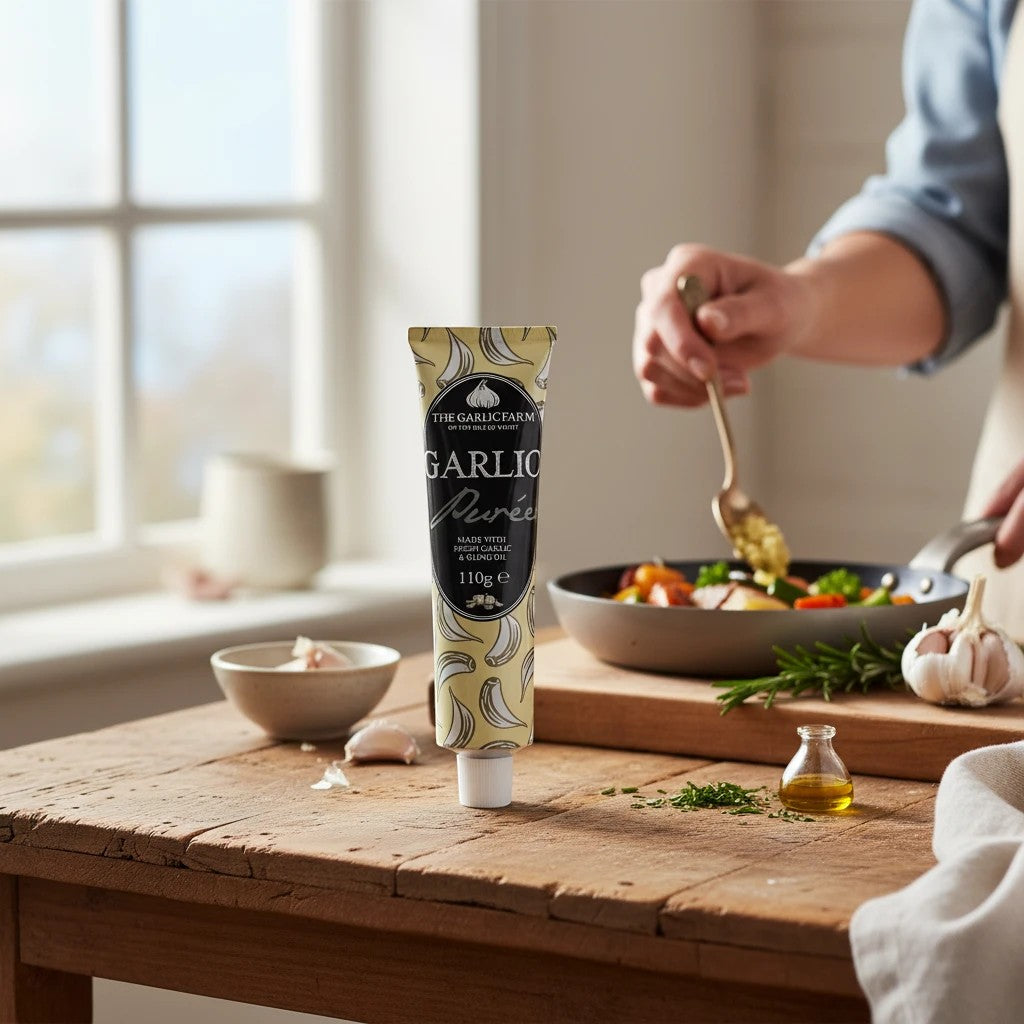 Made In England The Garlic Farm Garlic Purée tube with olive oil, 110g. Perfect for cooking.