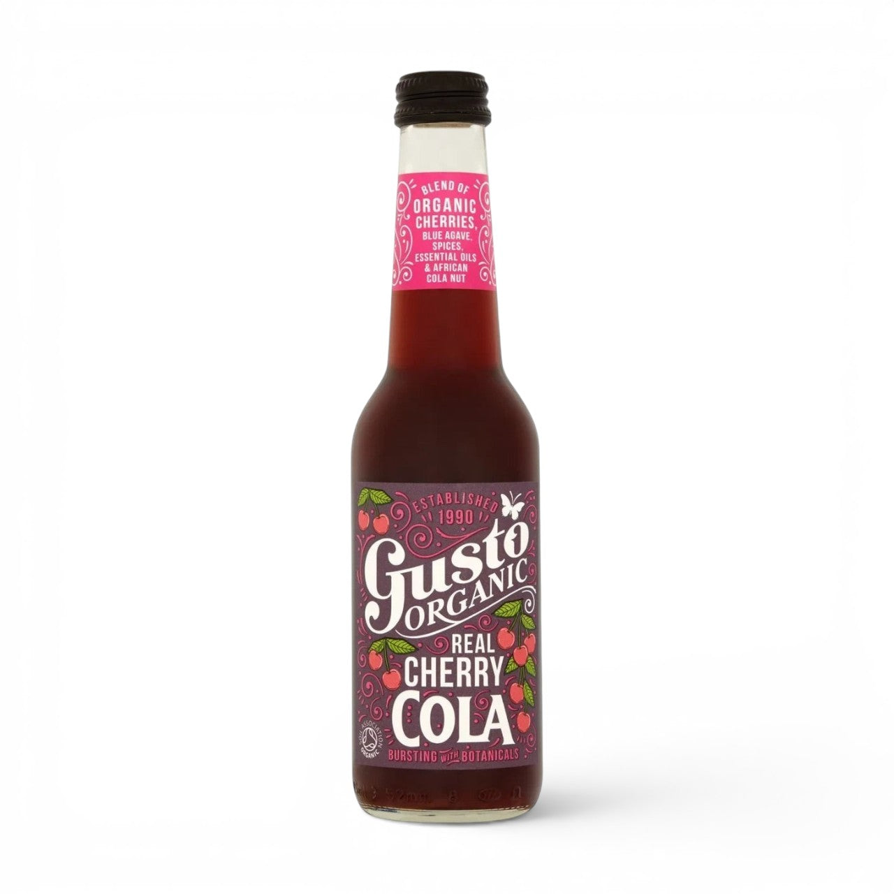 Made In England Gusto Organic Cherry Cola in a glass bottle with botanical label, blue agave, and African cola nut.