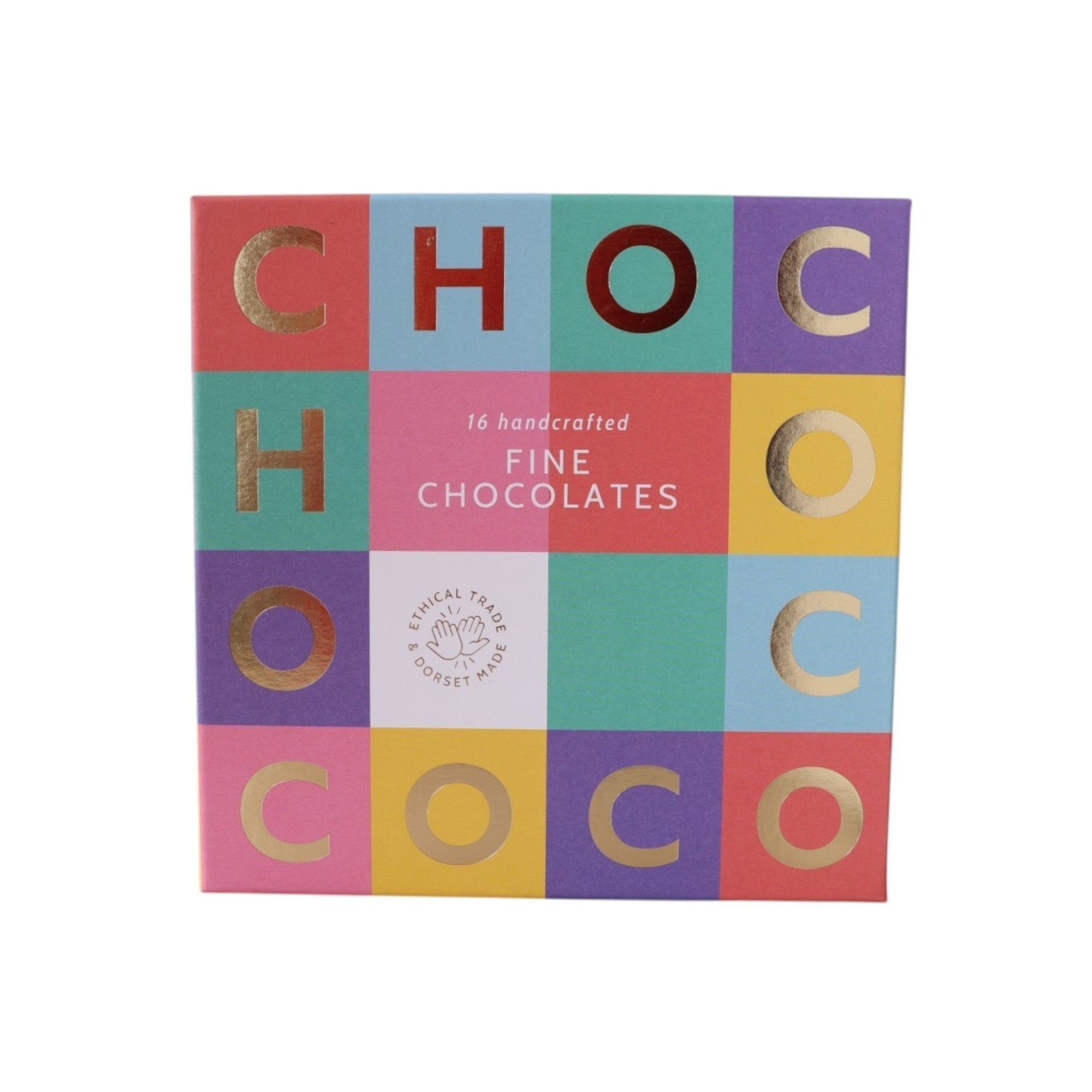 Made In England 16 handcrafted fine chocolates in a colourful box with gold lettering spelling CHOC.