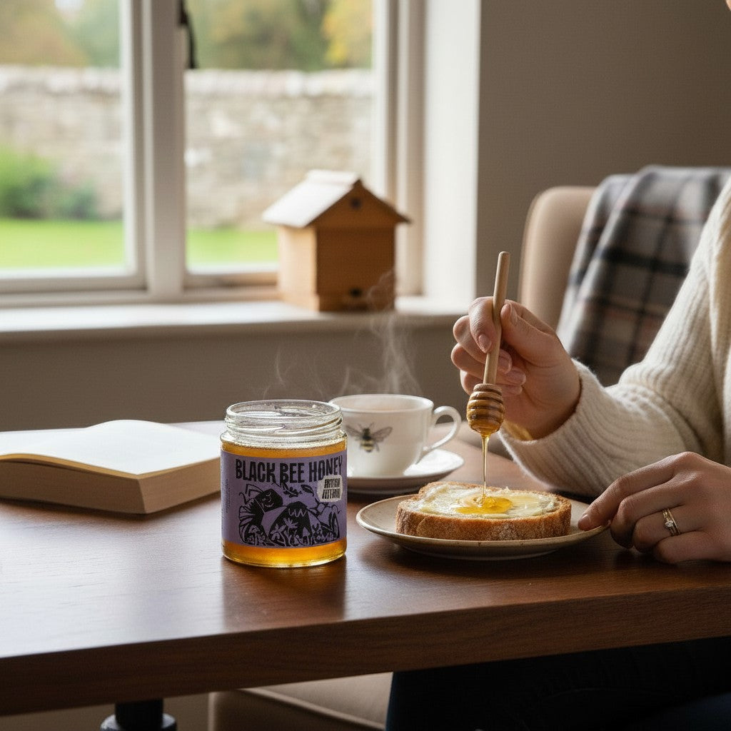 Made In England British Heather Honey jar on a table with a woman drizzling honey onto toast. A cup of tea and a book are nearby.