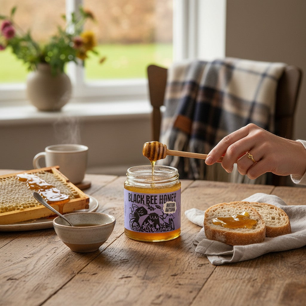 Made In England British Heather Honey in a glass jar with a honey dipper, served with toast and honeycomb.