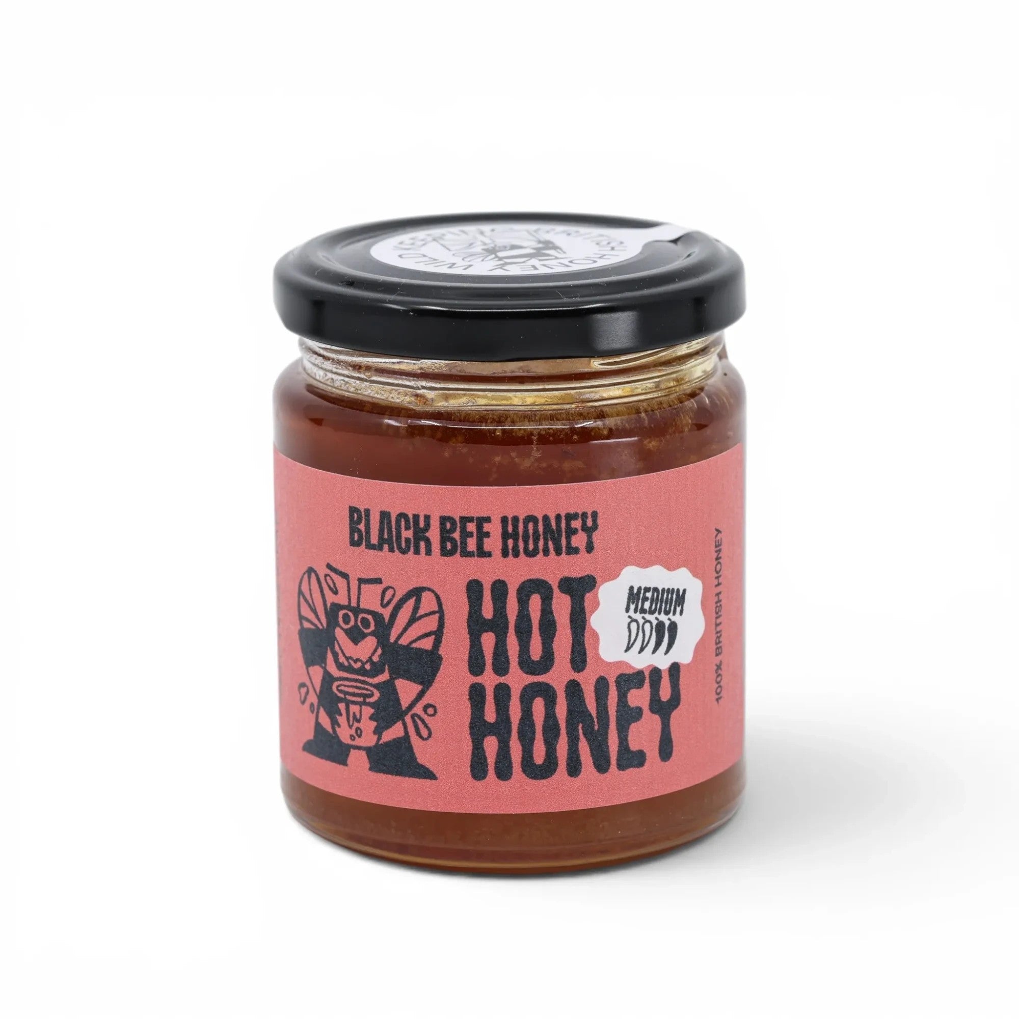 Made In England Black Bee Hot Honey, 100% British honey with a medium chilli kick in a glass jar.